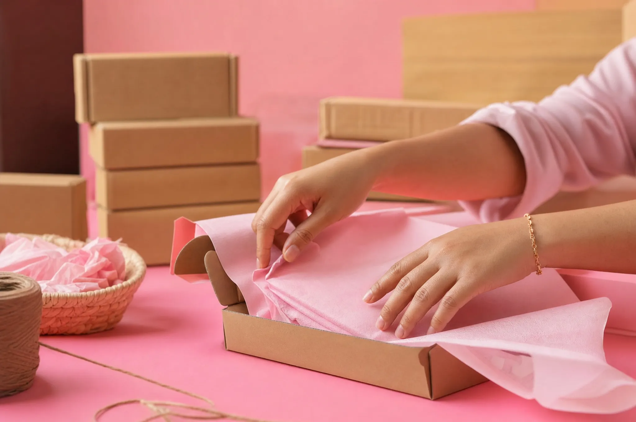 Hands folding tissue paper into a parcel on a pink table