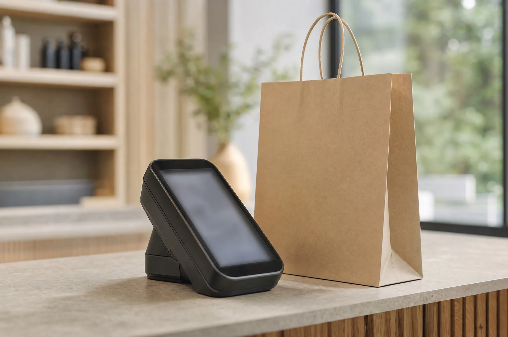 A store counter with a card terminal and a paper shopping bag
