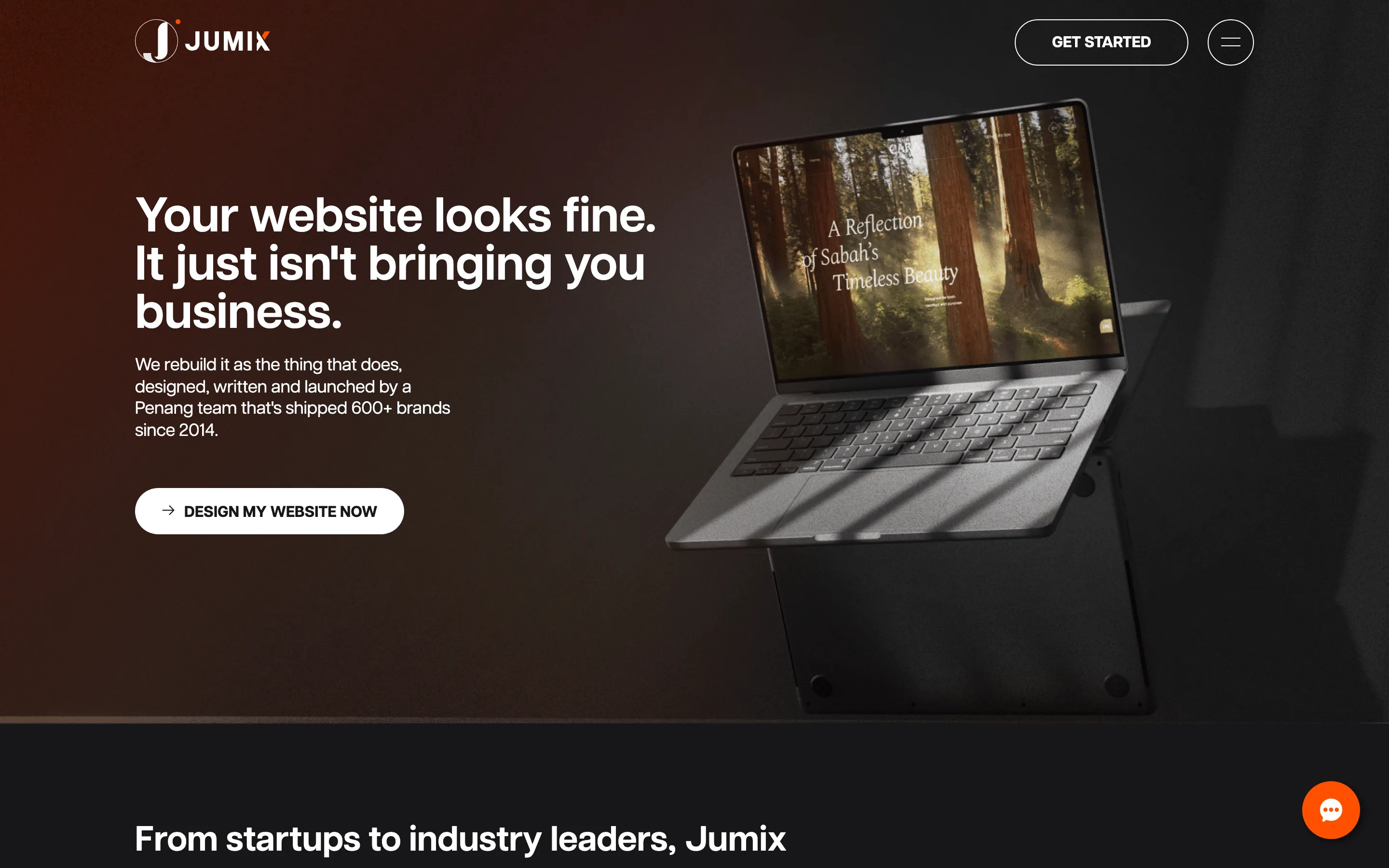 Jumix’s home page, with a headline about a website that is not bringing in business, a design button and a laptop showing a forest website
