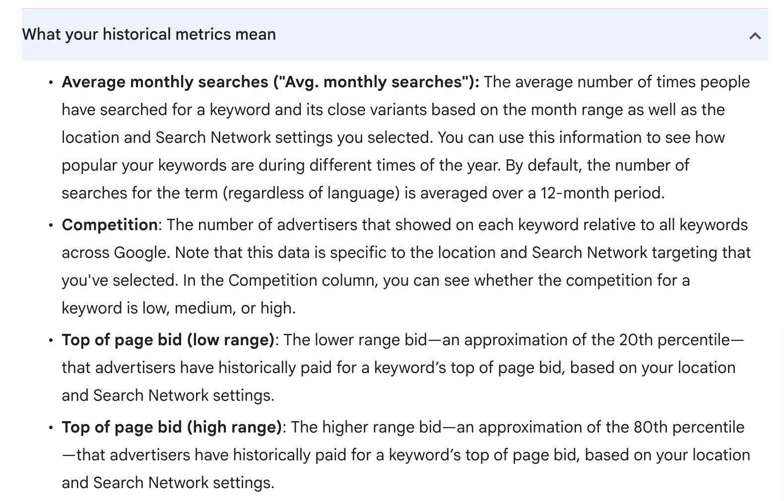 Google Ads Help page About Keyword Planner forecasts, the section What your historical metrics mean, where the top of page bid range shows what a click costs for your keywords in the location you set, such as Malaysia, with the low range at about the 20th percentile and the high range at about the 80th