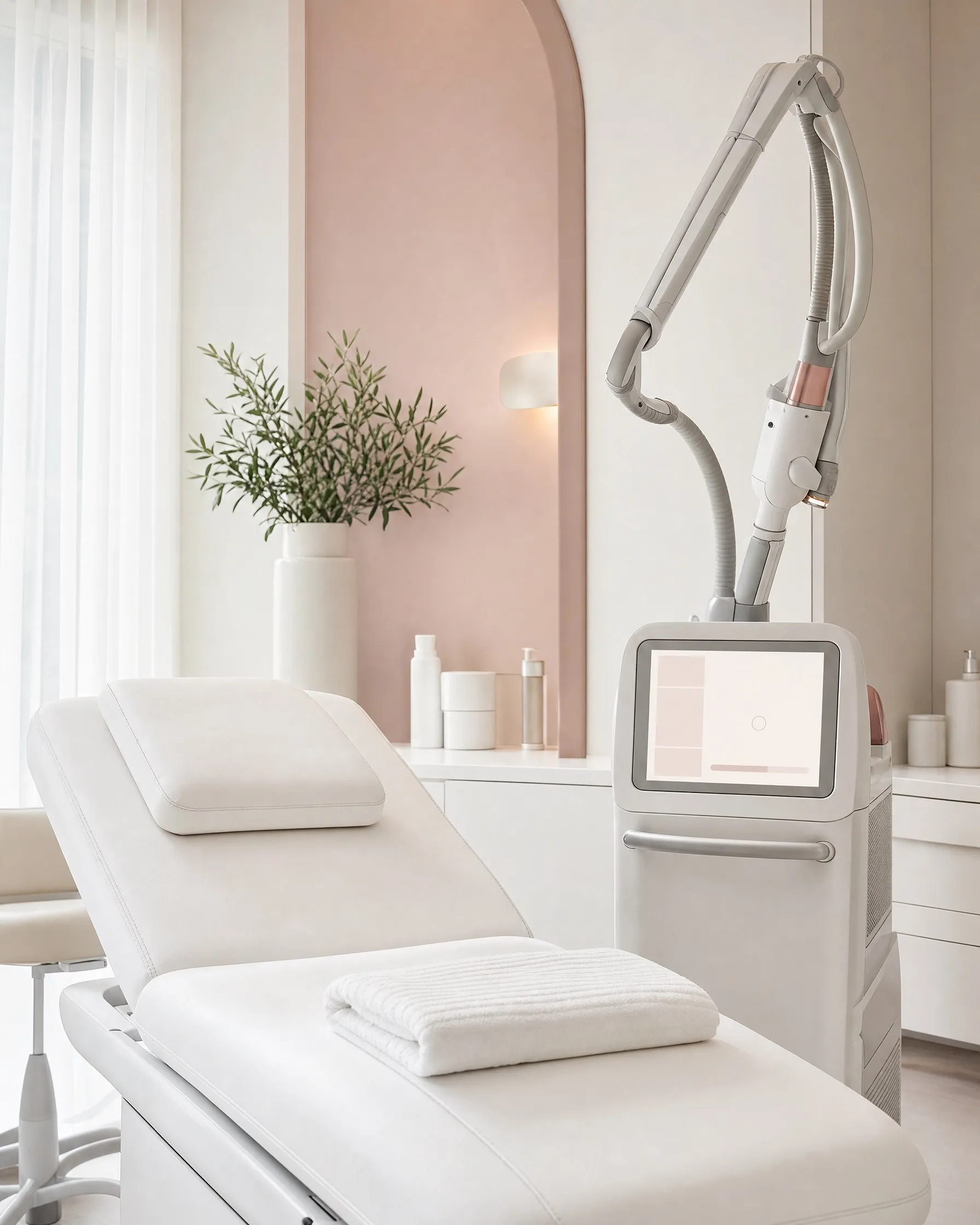 An aesthetic clinic treatment room with a white treatment bed and a laser device on an arm