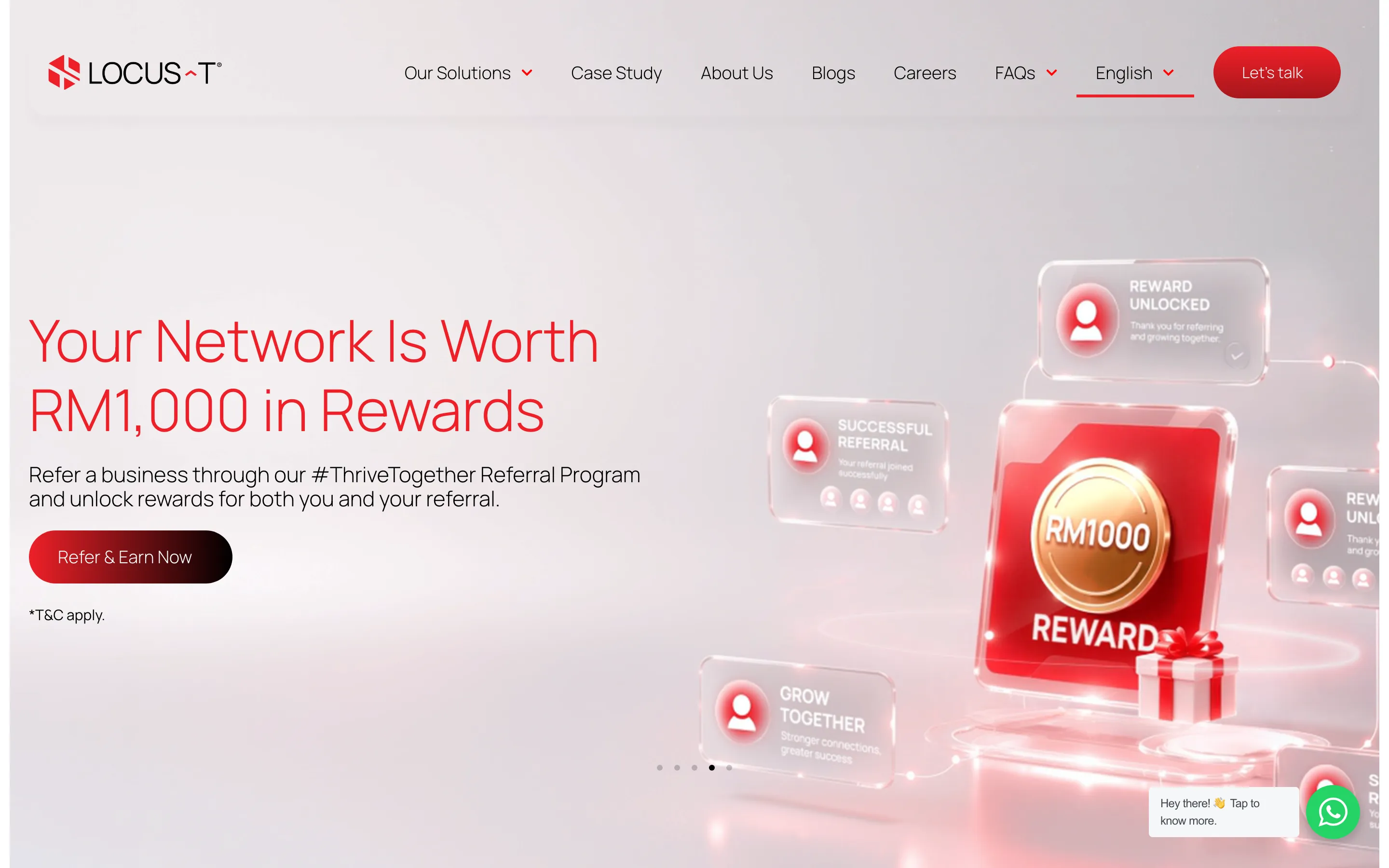 LOCUS-T’s home page, with a referral programme headline in red, a button to refer a business and glass cards around a reward coin
