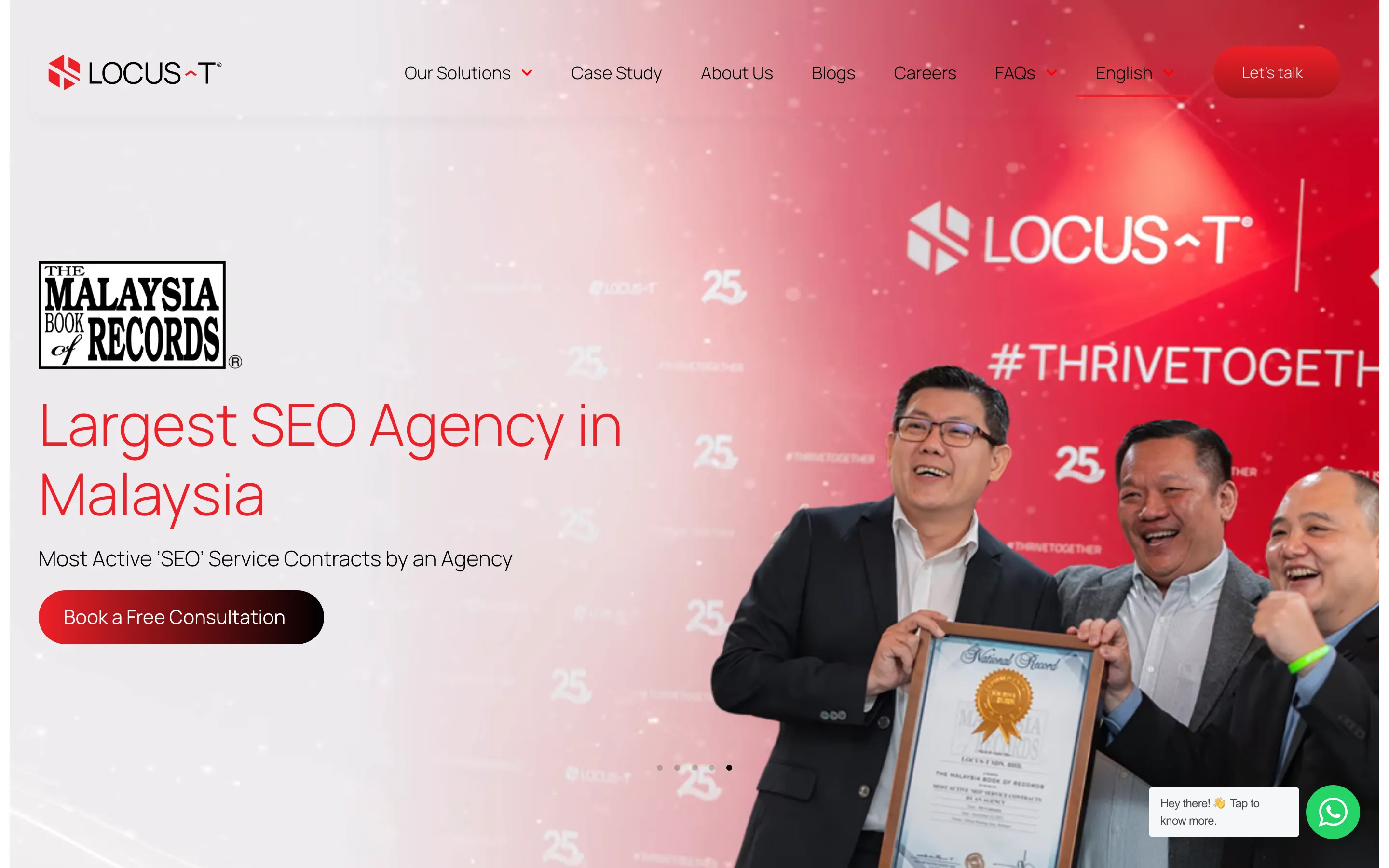 LOCUS-T’s home page, with an SEO headline, a consultation button and a photo of three people holding a framed certificate