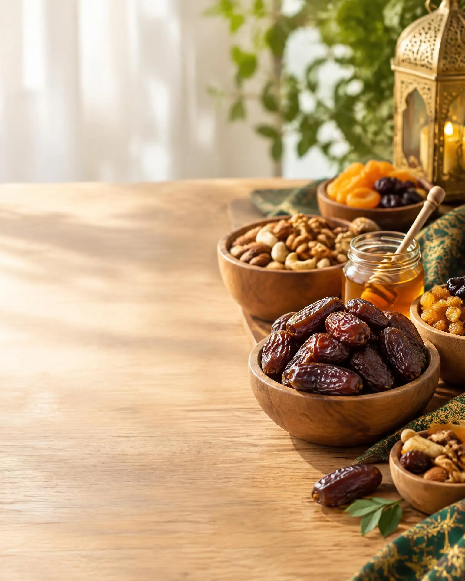 Dates, mixed nuts, dried fruit and a jar of honey in wooden bowls on a wooden table