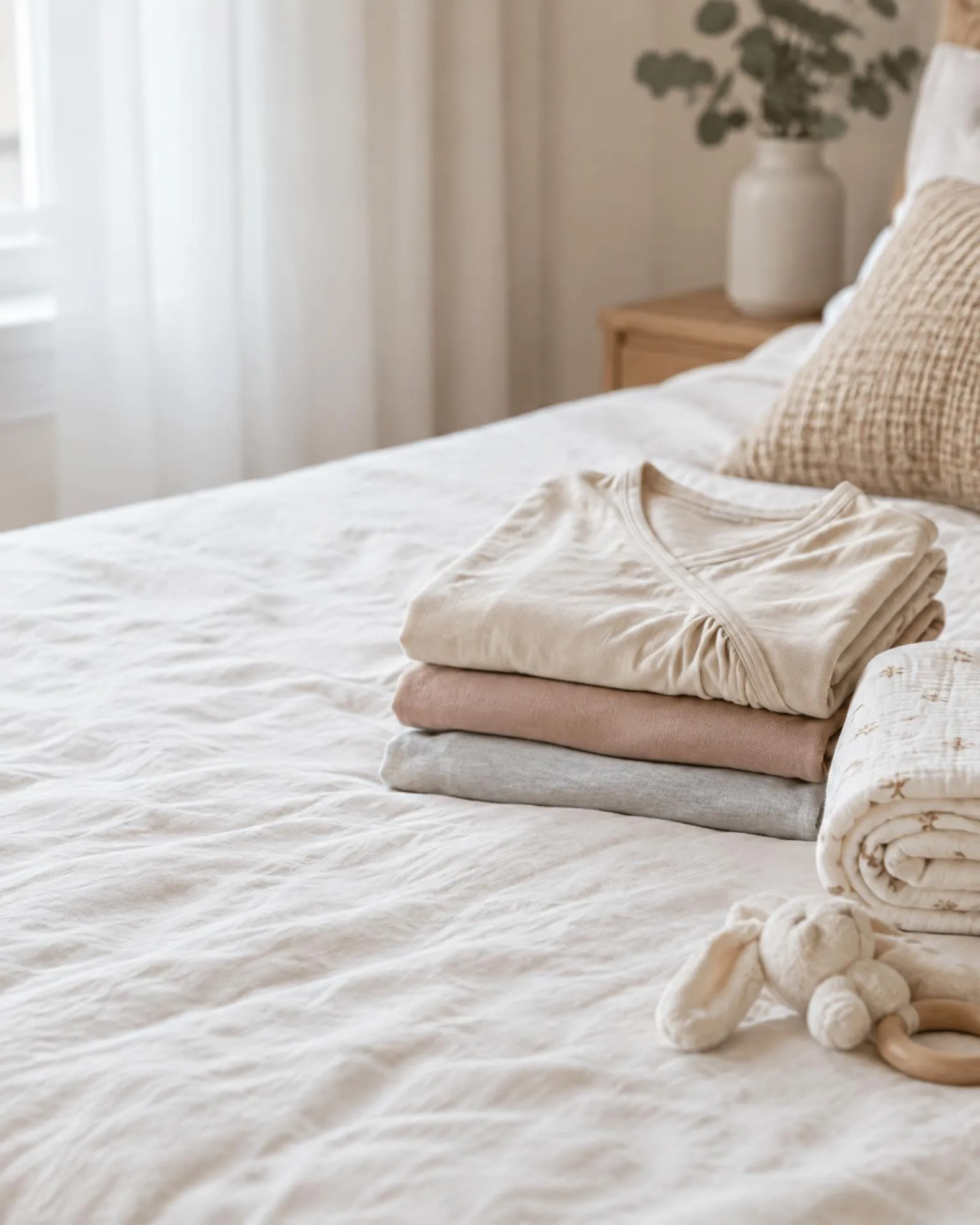 Folded maternity tops and a baby blanket on a pale bed