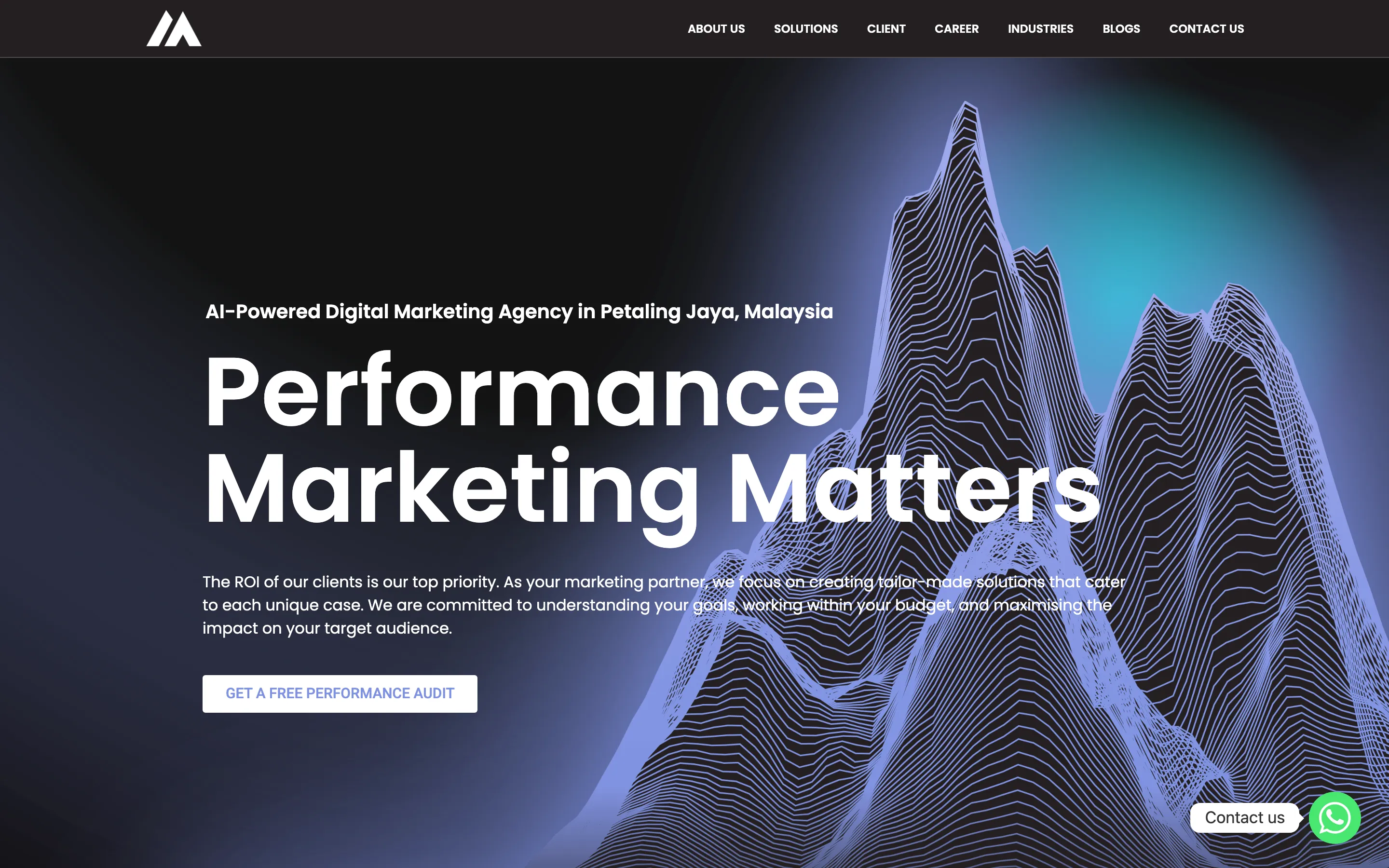 Marvant Evolutions’ home page, with a performance marketing headline over blue line art of mountains on a dark background