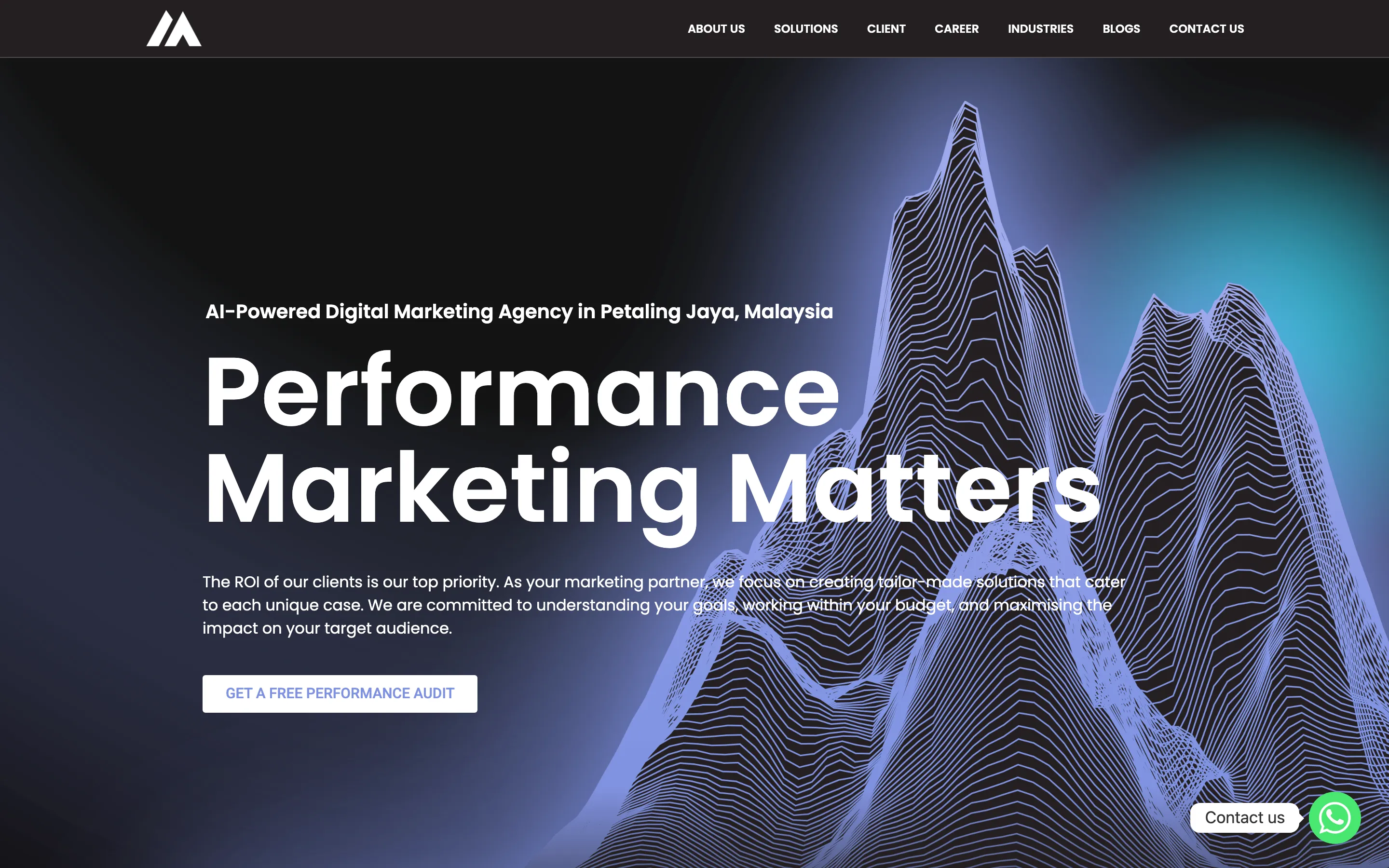 Marvant Evolutions’ home page, with a performance marketing headline over blue line art of mountains on a dark background