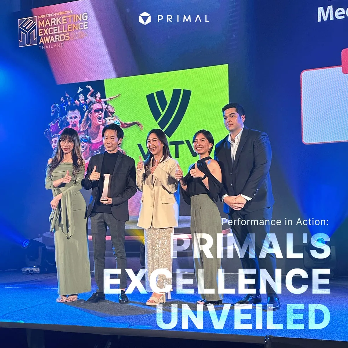 The Primal post from the Marketing Excellence Awards 2024: the team on stage with the Volleyball World trophy