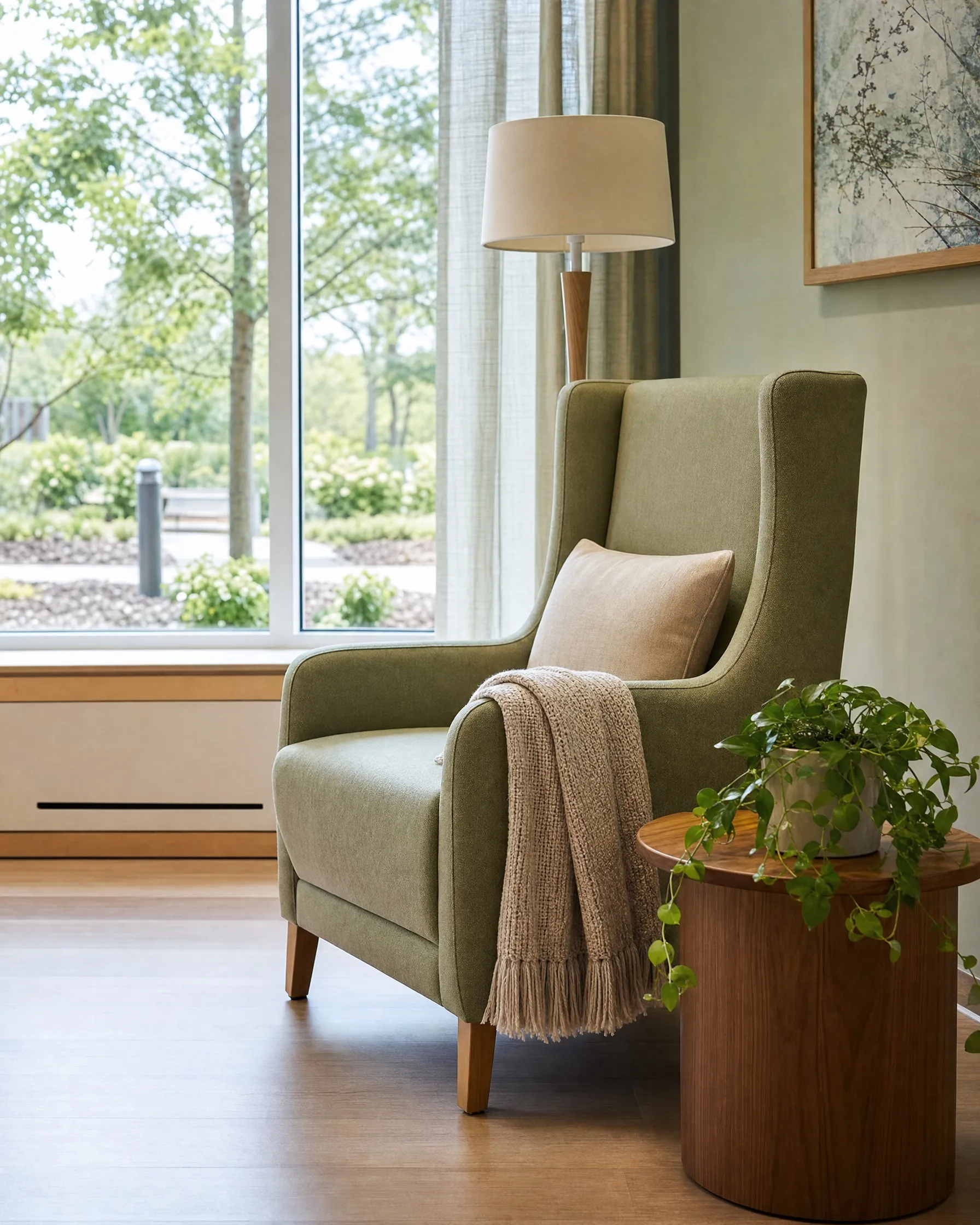 A calm eldercare home lounge with an armchair, a lamp and a plant