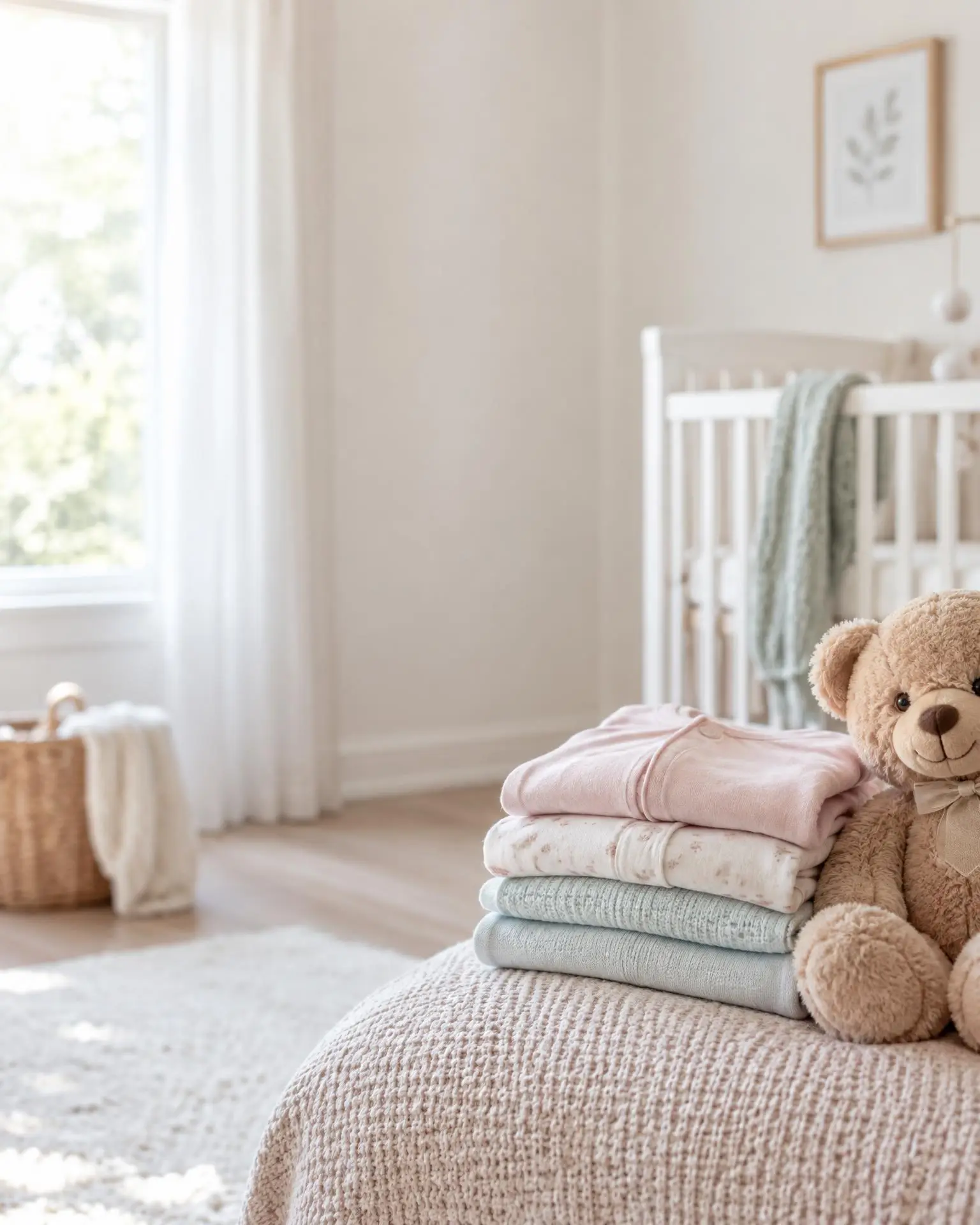 Folded pastel baby clothes and a teddy bear in a bright nursery