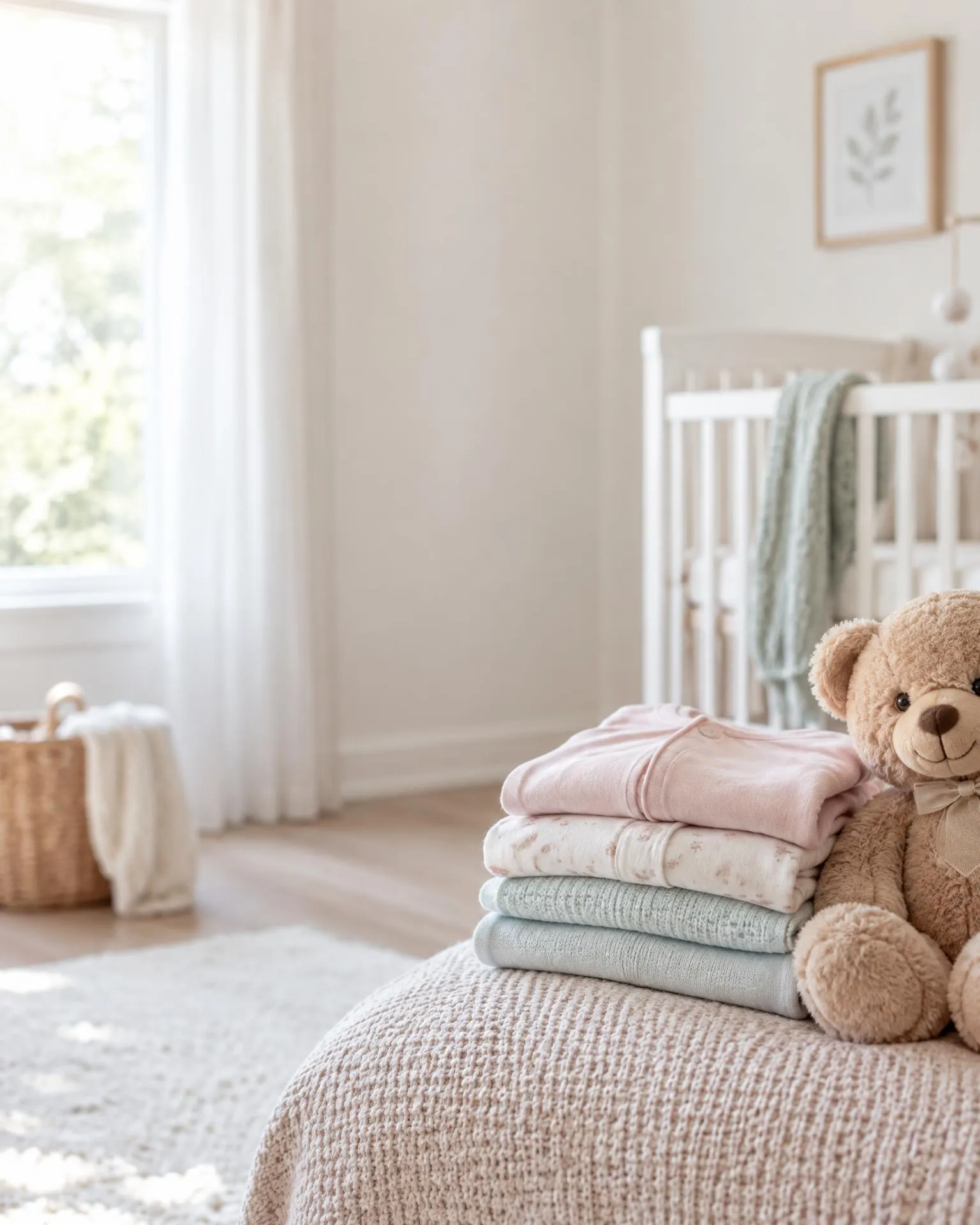 Folded pastel baby clothes and a teddy bear in a bright nursery