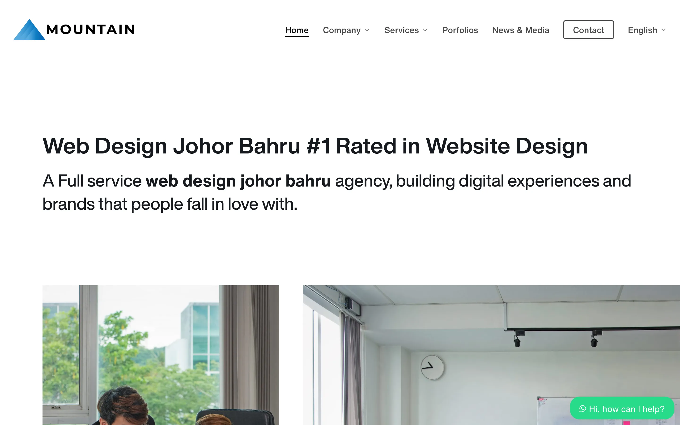 Mountain’s home page, with a Johor Bahru web design headline above photos of people working in an office and a chat button in the corner