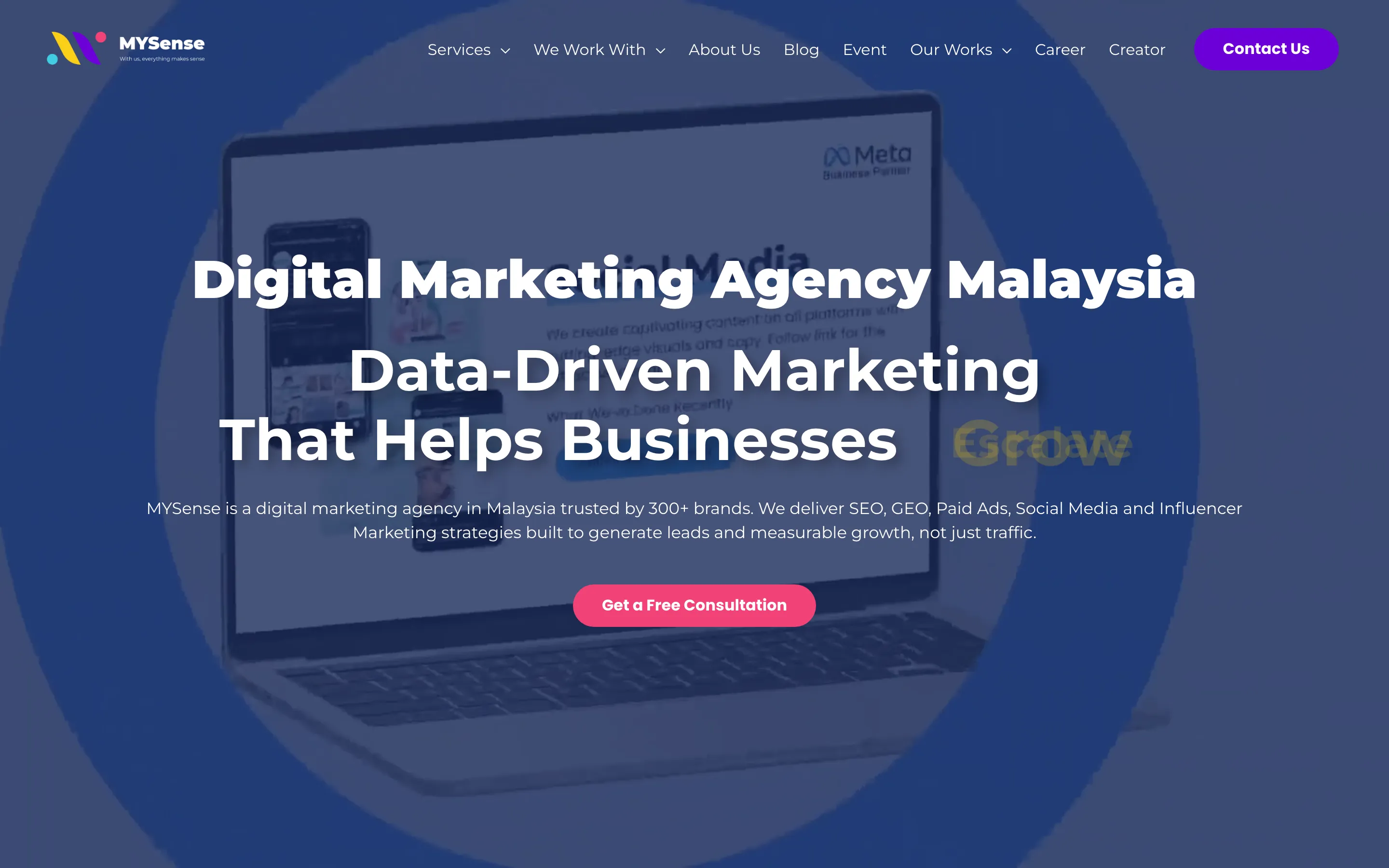 MYSense’s home page, with a digital marketing headline over a blurred laptop on a blue background and a button to book a consultation
