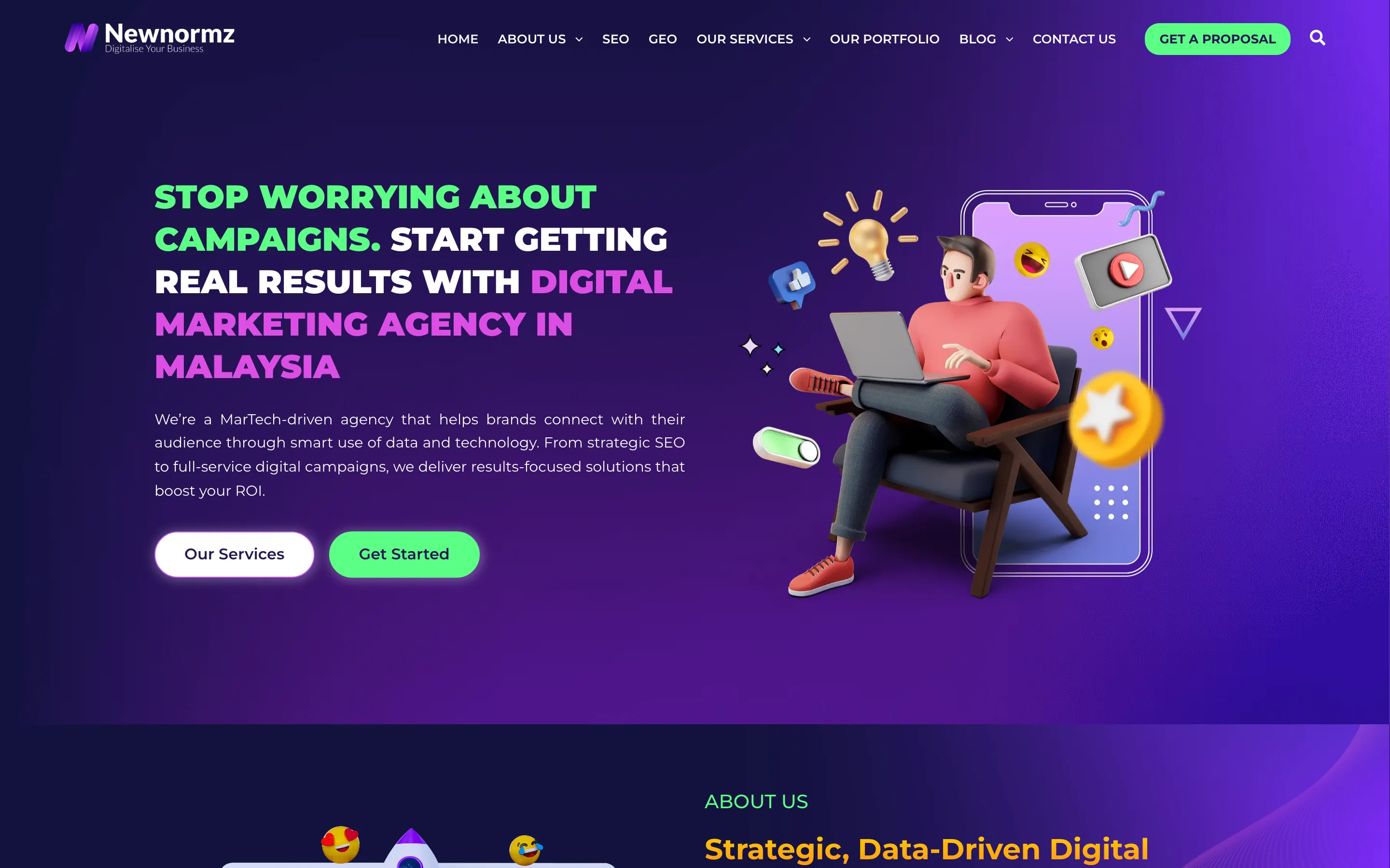 Newnormz’s home page on a purple background, with SEO and GEO in the menu, a digital marketing headline and a drawing of a man working on a laptop