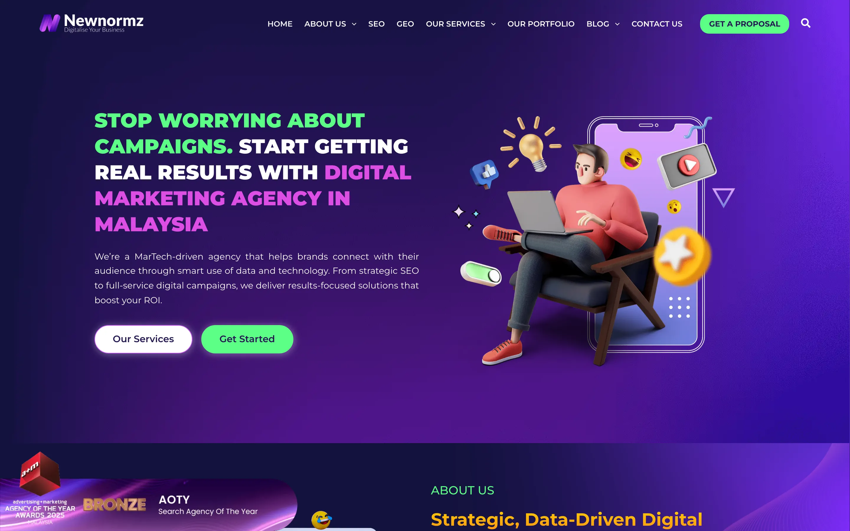 Newnormz’s home page on a purple background, with a digital marketing headline in green, white and pink and a drawing of a man working on a laptop