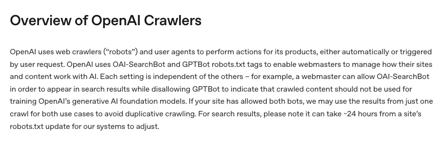 OpenAI’s crawler documentation explaining that a site can allow OAI-SearchBot to appear in ChatGPT search results while blocking GPTBot from using its content for model training