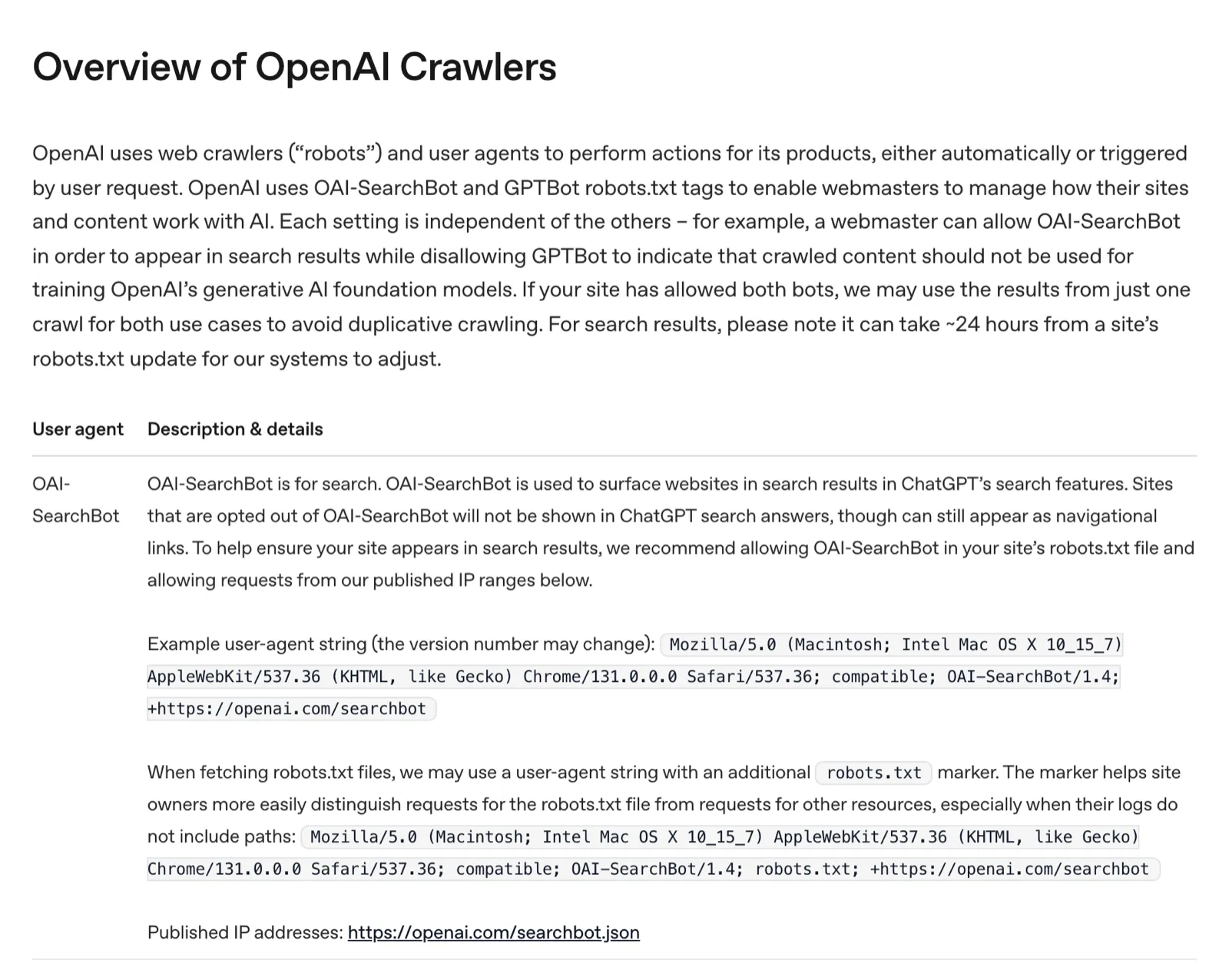 A capture of OpenAI’s page on its crawlers, which lists OAI-SearchBot as the crawler behind ChatGPT search and says ChatGPT search leaves out sites that block it