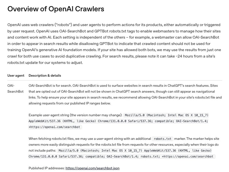 OpenAI’s overview of its crawlers, describing OAI-SearchBot, the crawler a site must allow to be shown in ChatGPT search answers