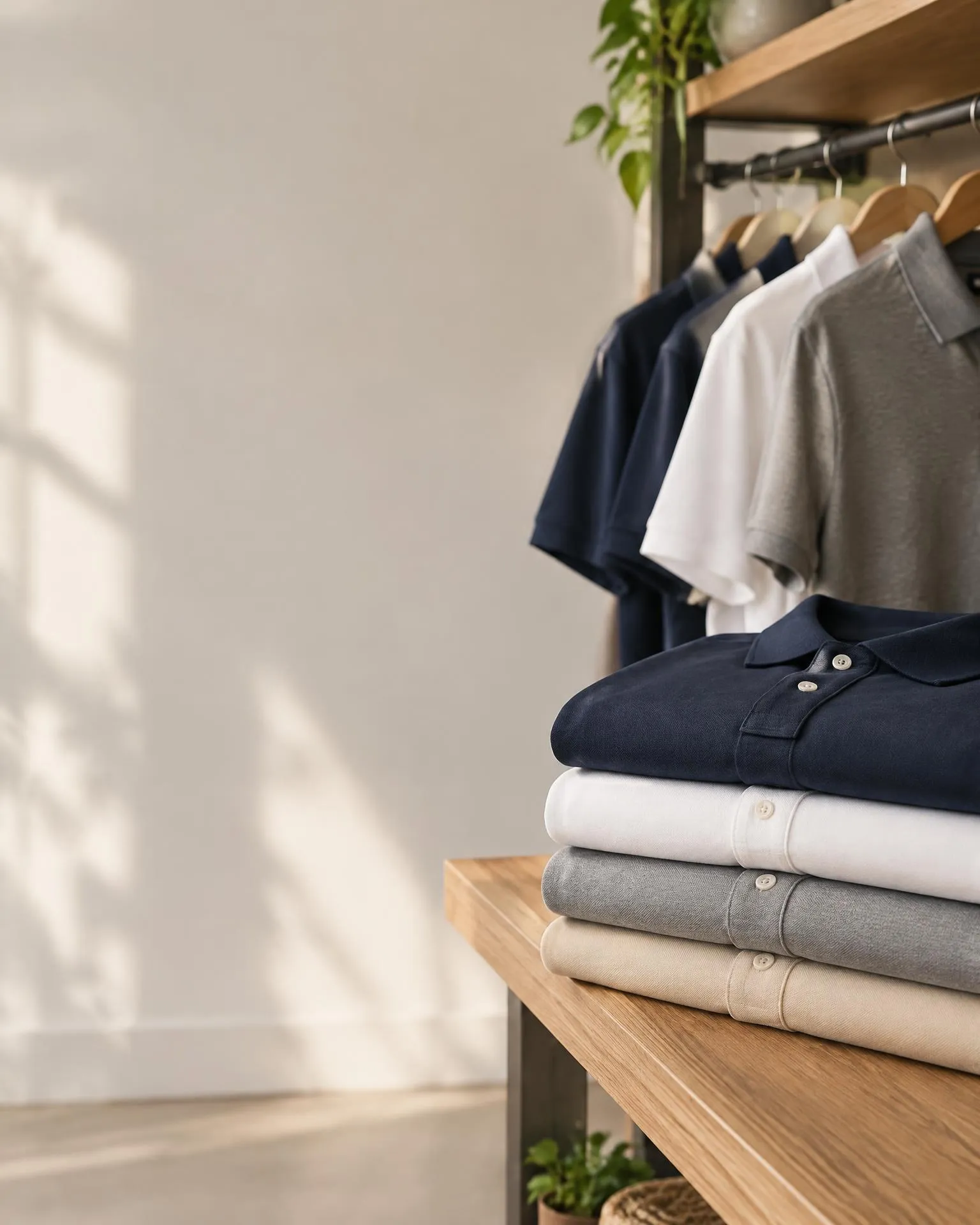 Folded and hanging polo shirts in navy, white, grey and beige on a boutique shelf
