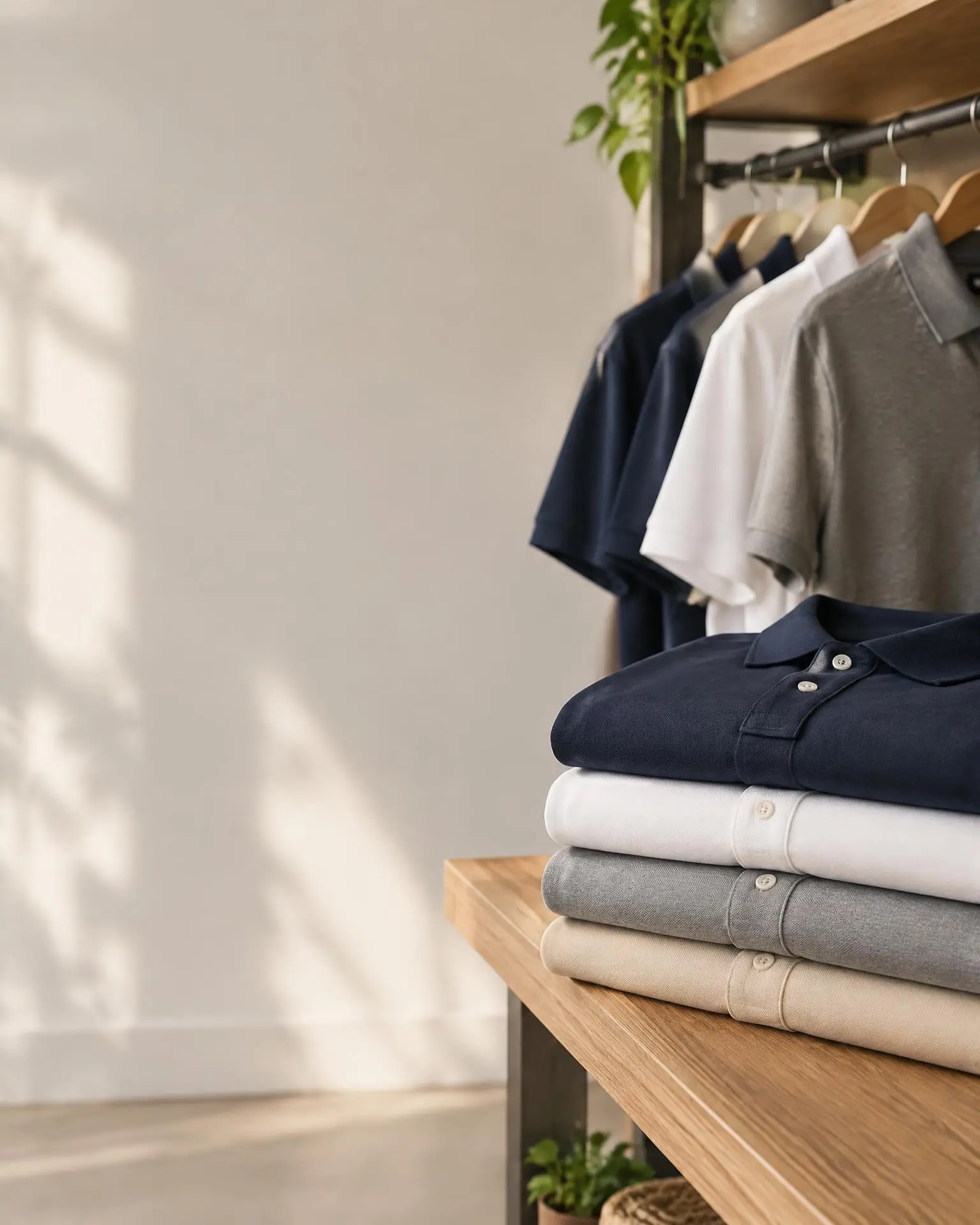Folded and hanging polo shirts in navy, white, grey and beige on a boutique shelf