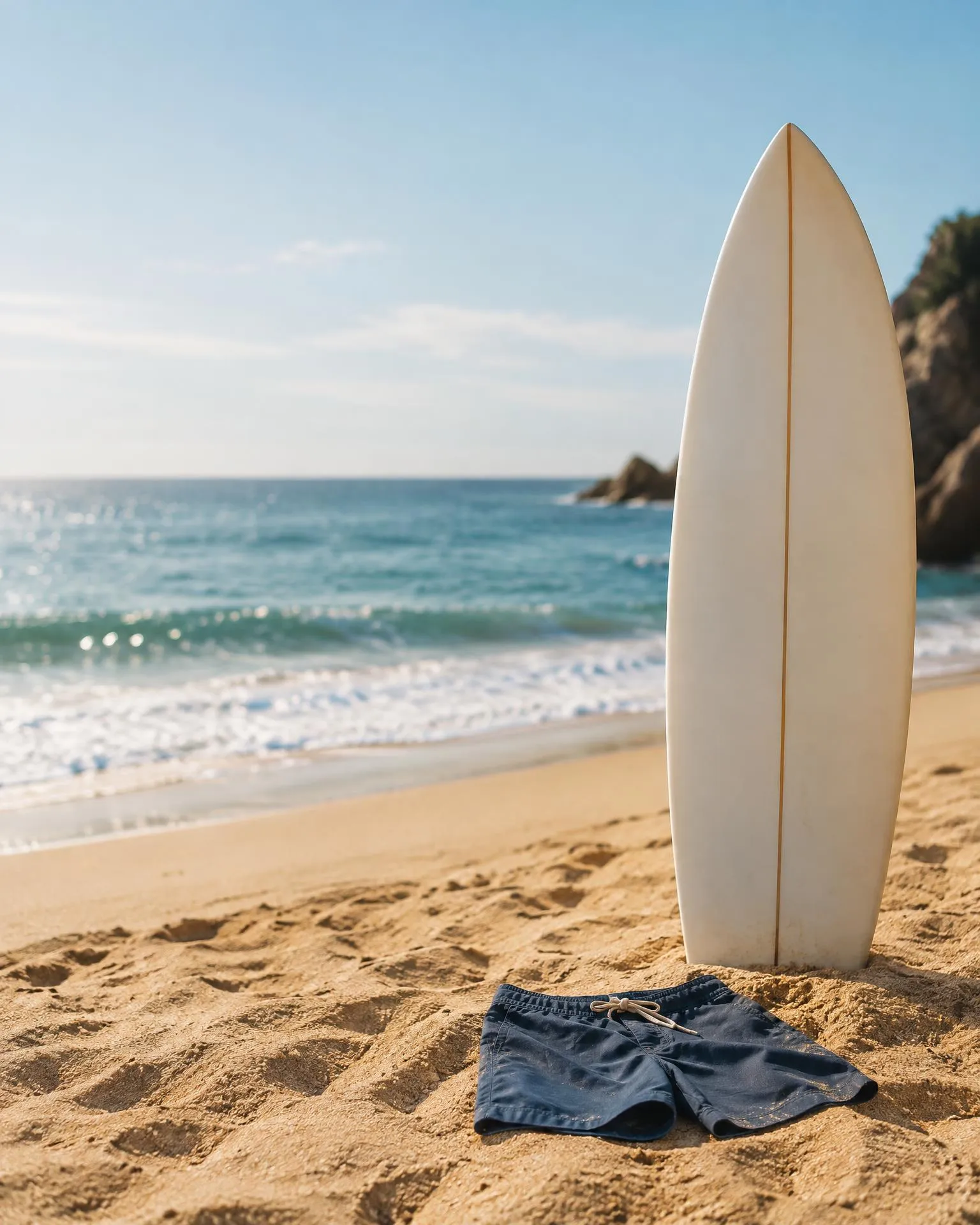 A plain surfboard upright in the sand with boardshorts on a sunny beach