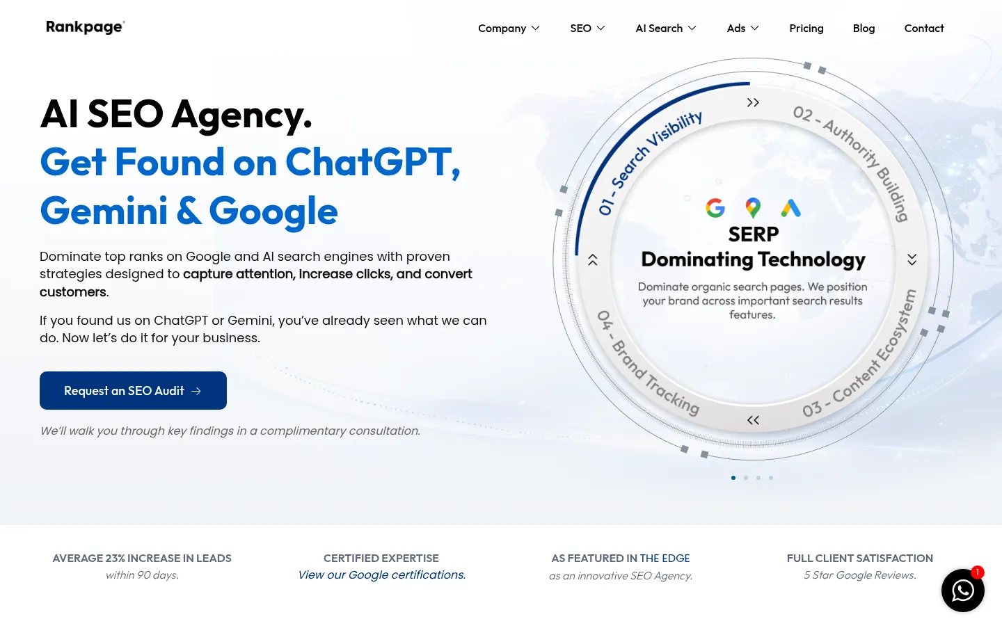 Rankpage’s home page, with the headline AI SEO Agency, Get Found on ChatGPT, Gemini and Google, a request-a-review button and a dial of its four service stages