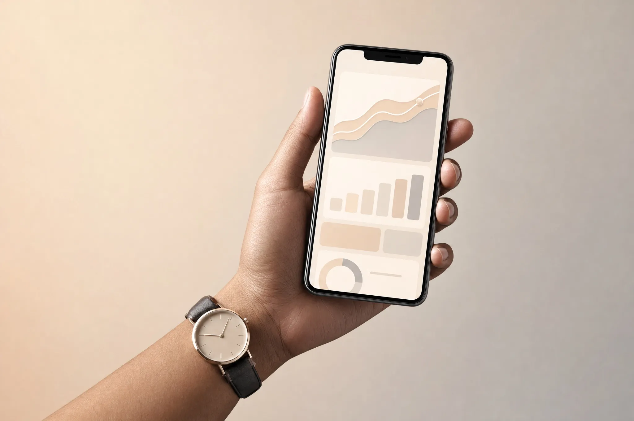 A hand with a plain watch holding a phone with a chart