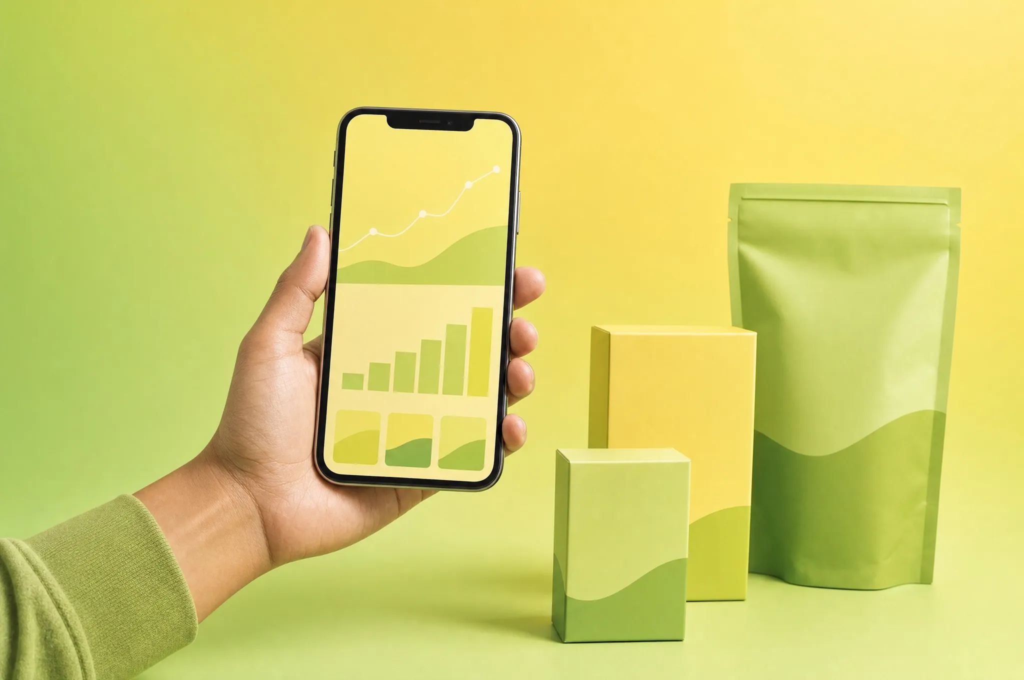 A hand holding a phone with a revenue chart, product packs beside it