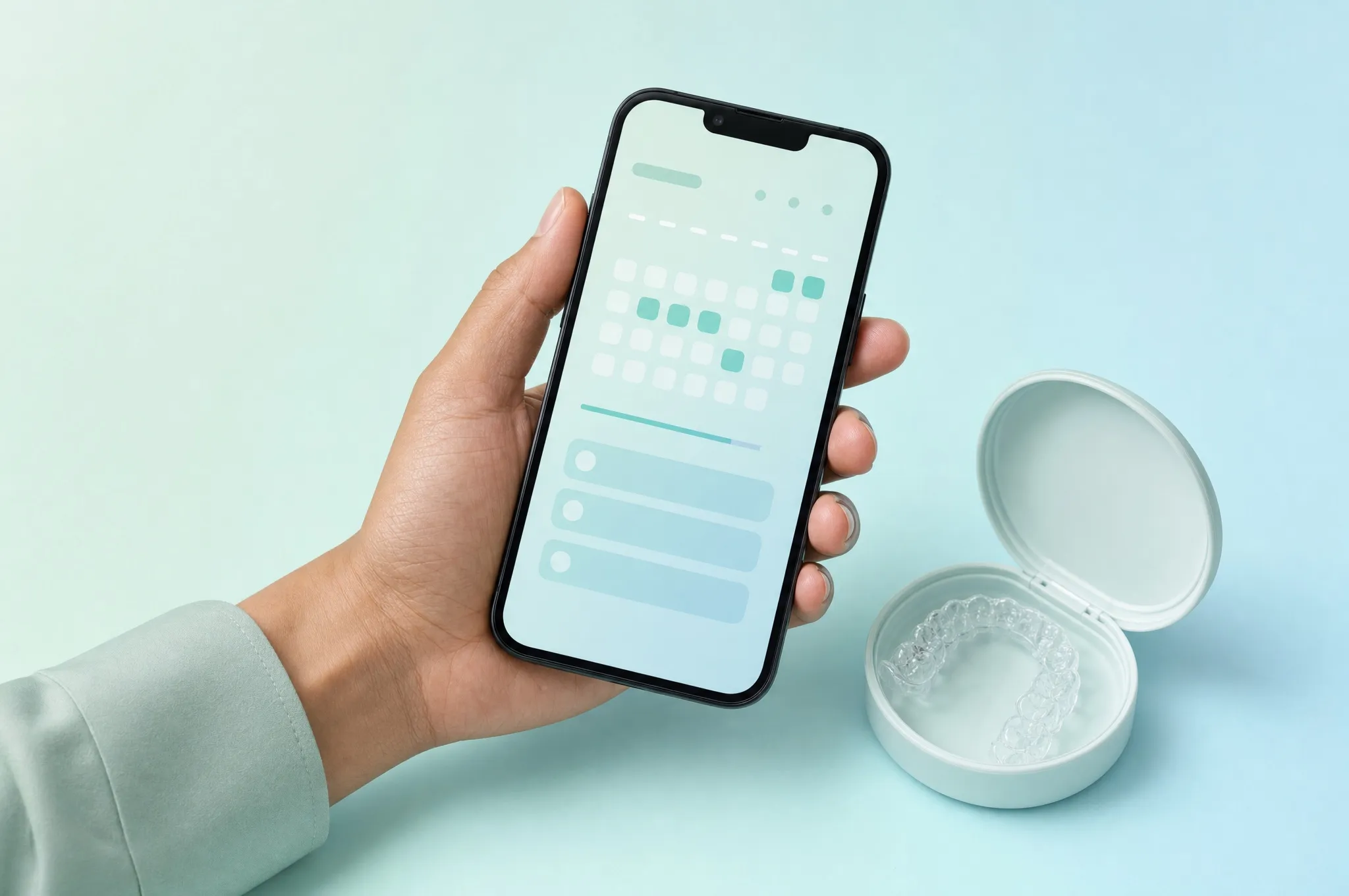 A hand holding a phone with a booking calendar, an aligner case beside it