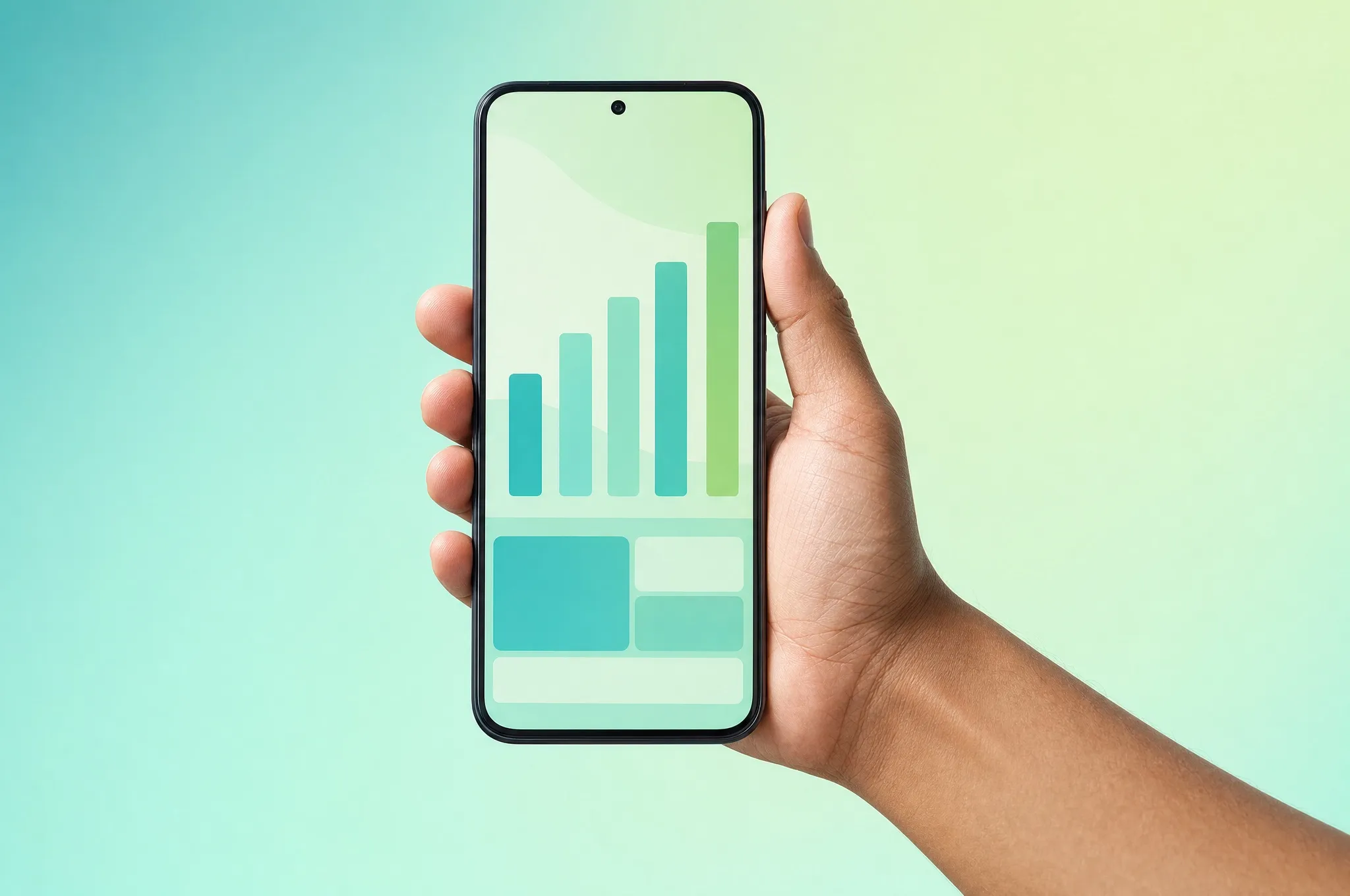 A hand holding a phone with a bar chart