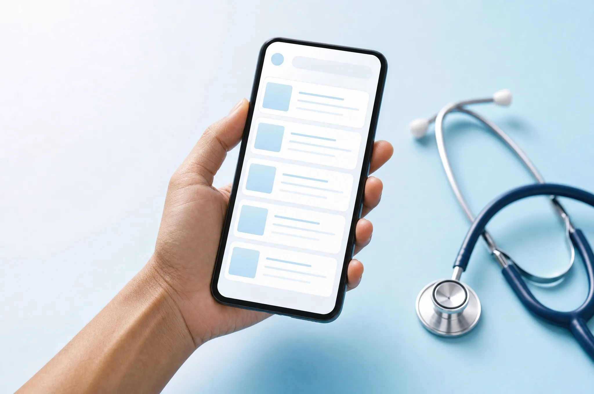 A hand holding a phone with a appointment list, a stethoscope beside it