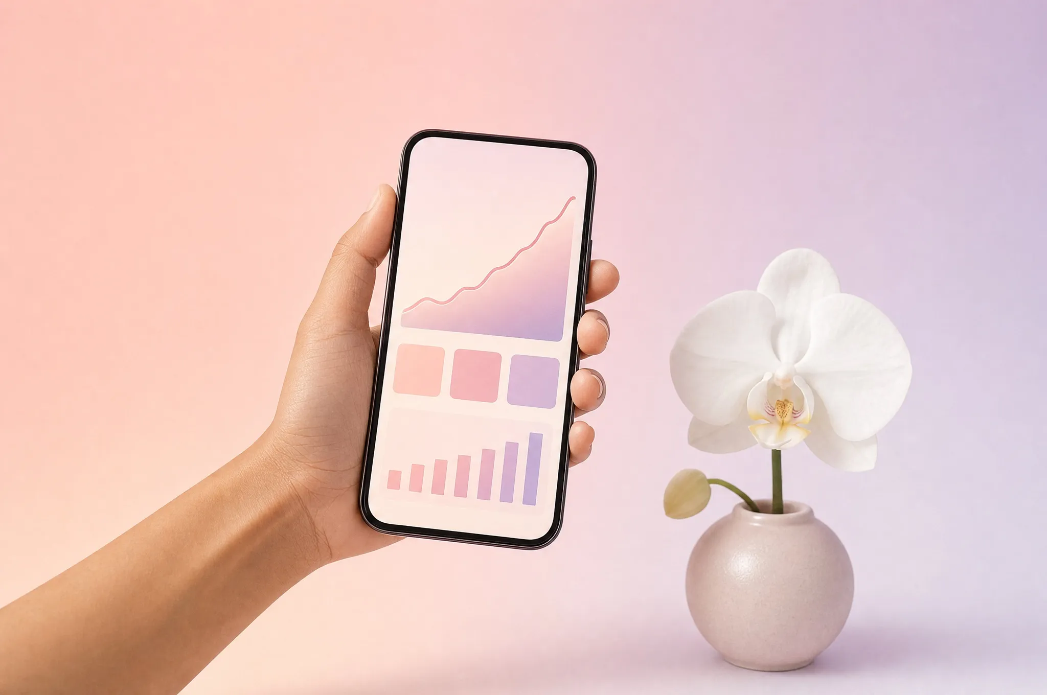 A hand holding a phone with a chart, a white orchid beside it