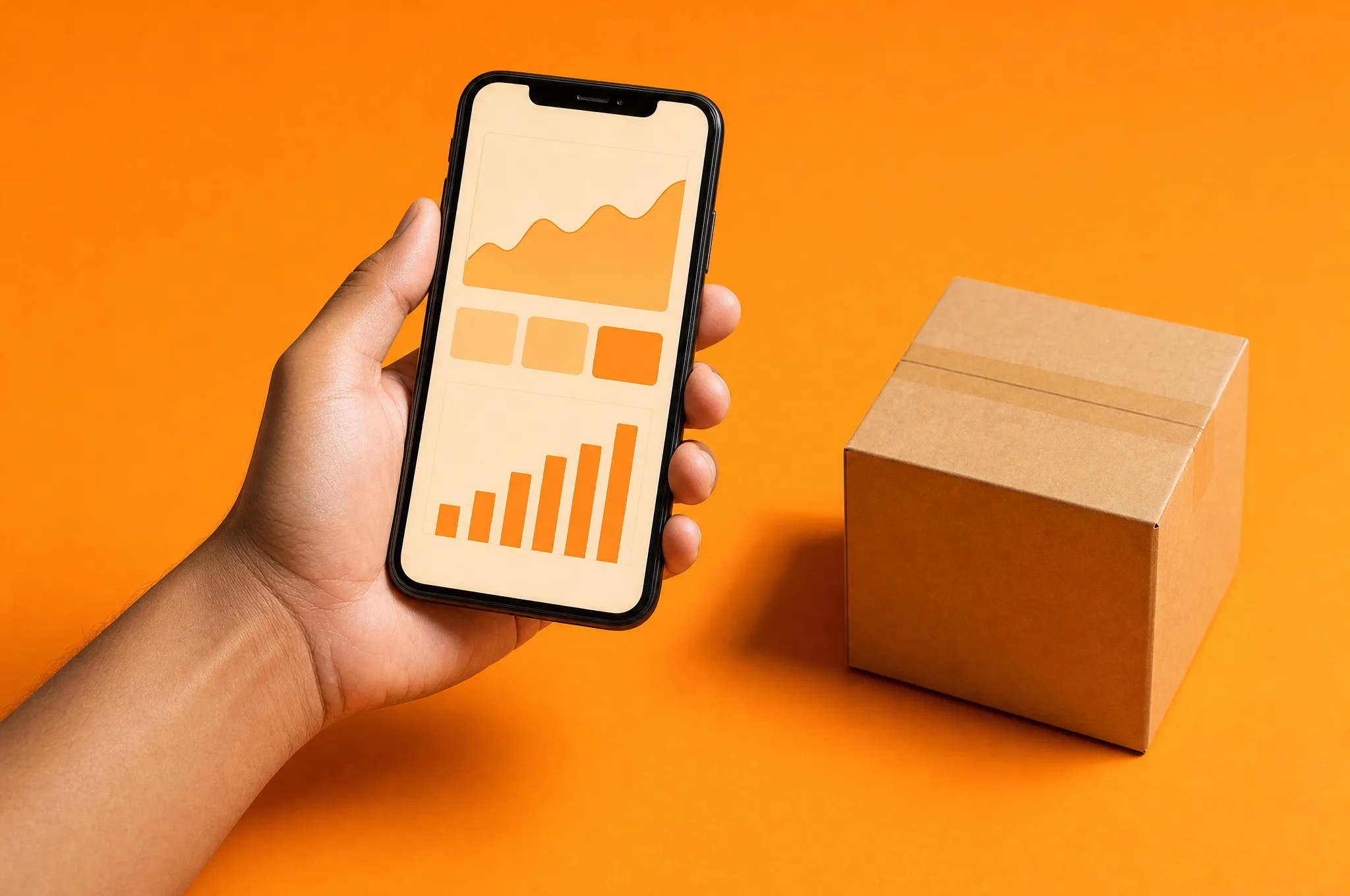A hand holding a phone with a orders chart, a parcel beside it, on orange