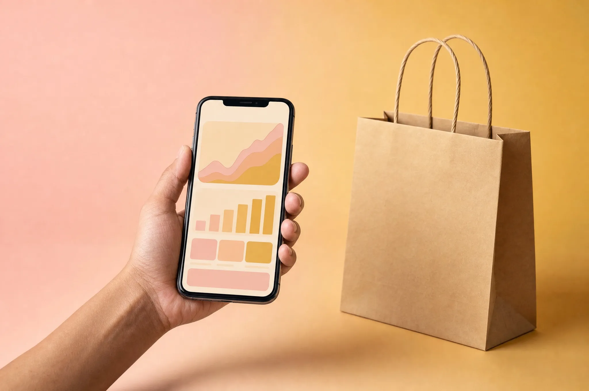 A hand holding a phone with a revenue chart, a shopping bag beside it