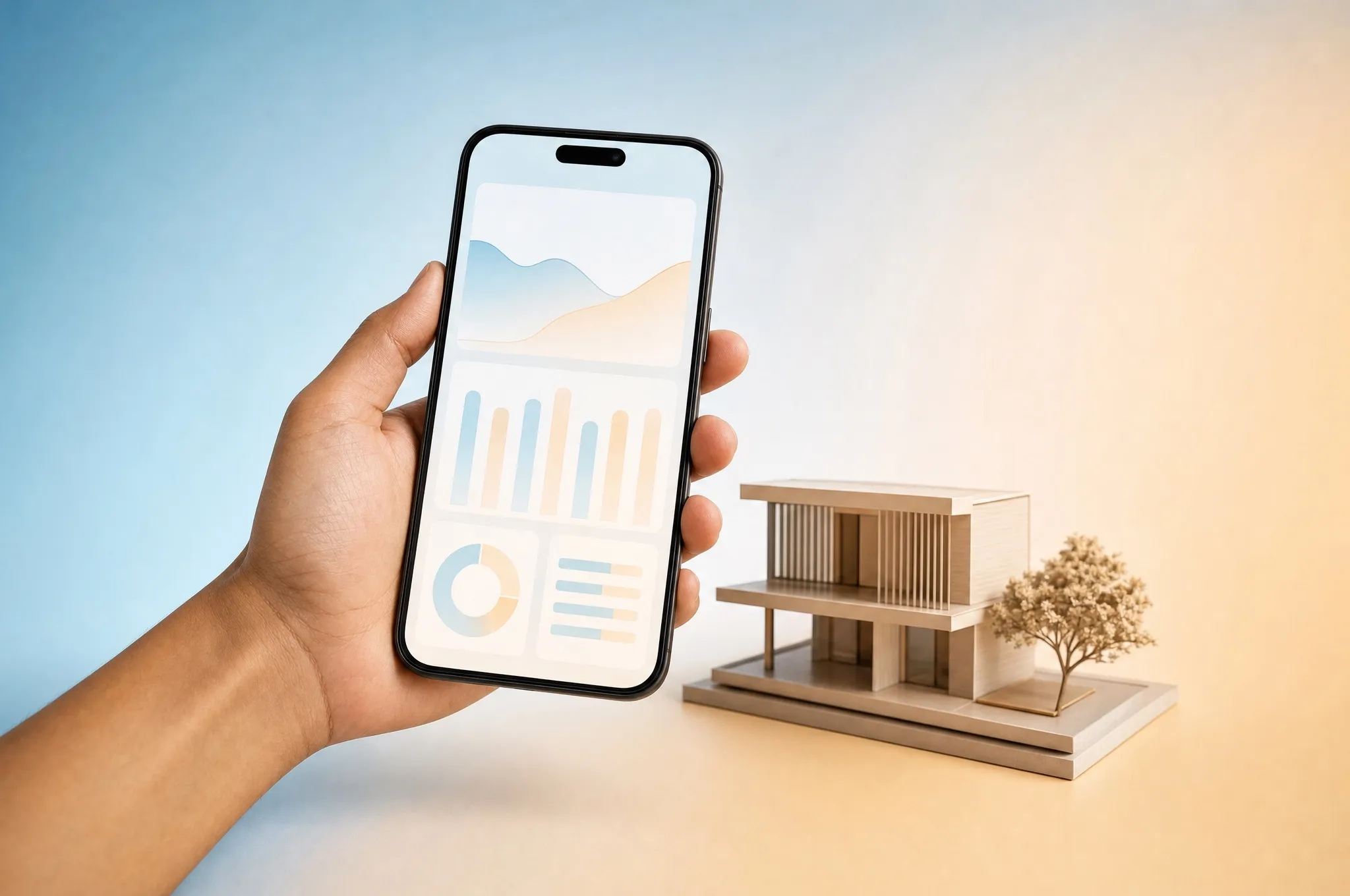 A hand holding a phone with a chart, a small building model beside it