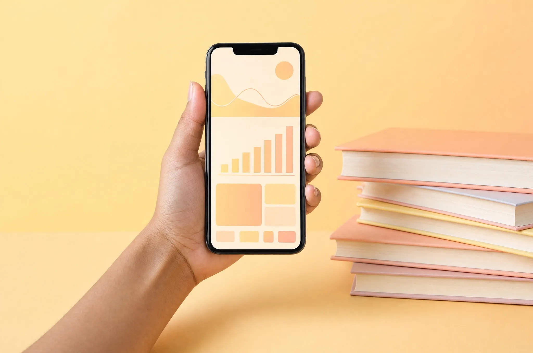 A hand holding a phone with a chart, a stack of books beside it