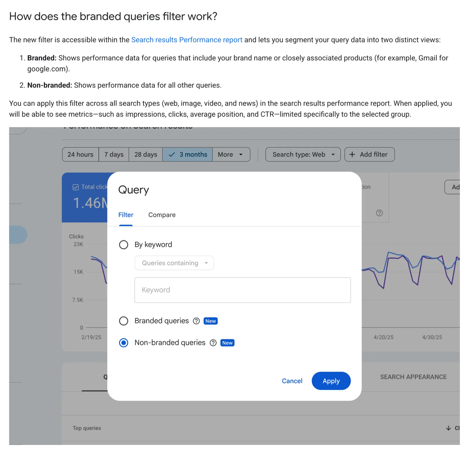 Google Search Central blog post on the branded queries filter, showing the Query filter in the Search Console Performance report with the branded and non-branded options