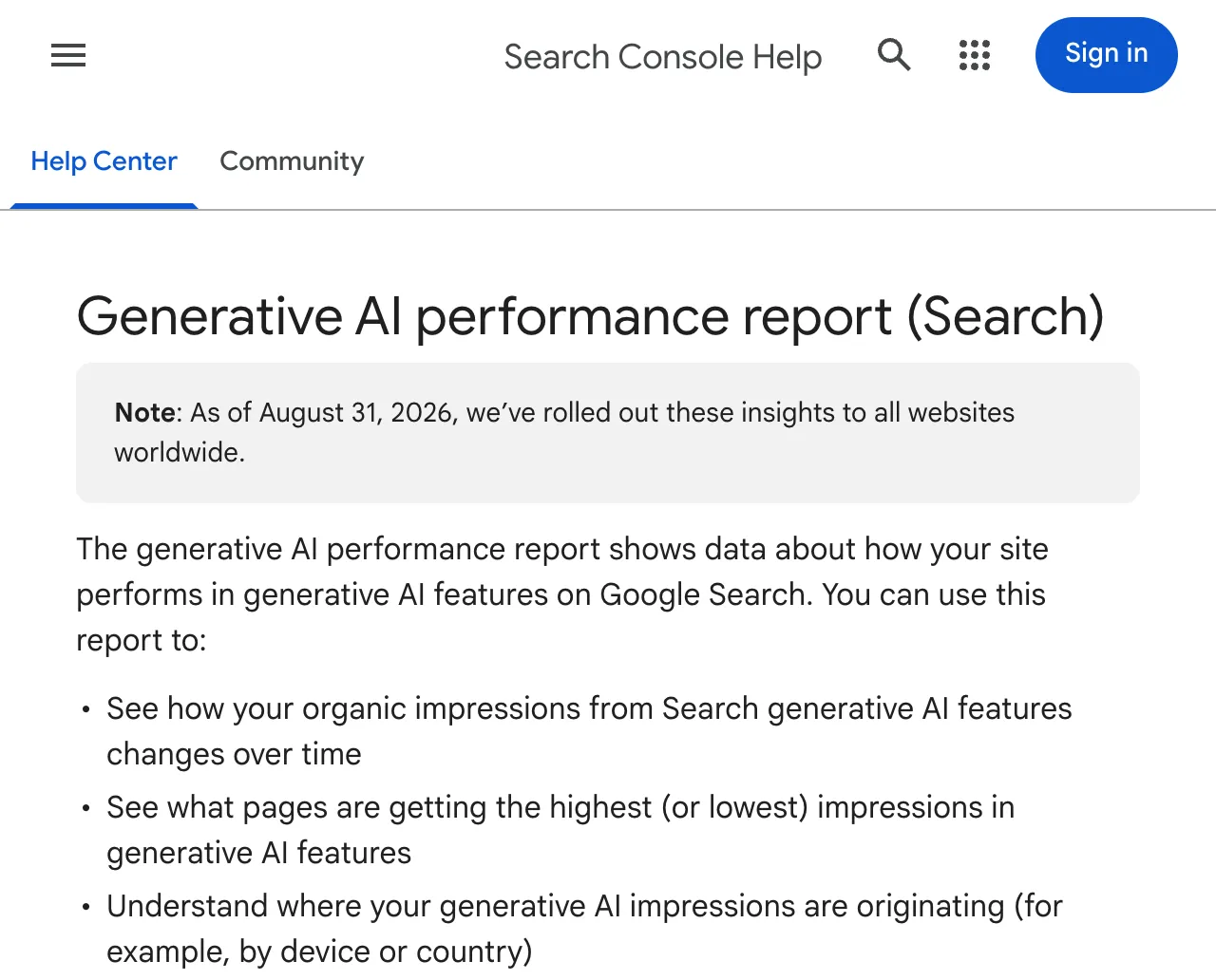 Google’s Search Console Help page for the Generative AI performance report, with its list of what the report shows: impressions over time, the pages with the most and fewest impressions, and the devices and countries they come from