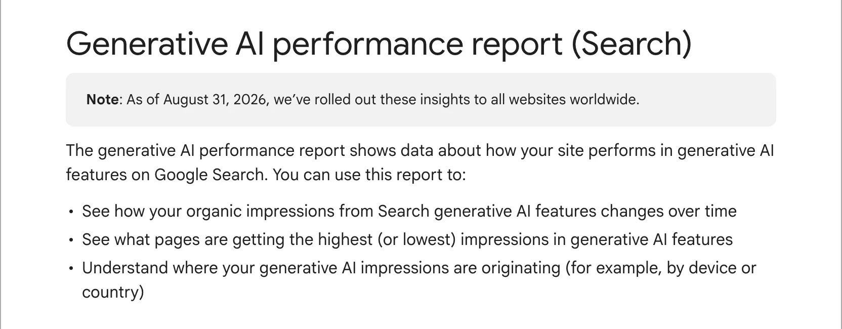 Google’s Search Console Help page for the Generative AI performance report, the report used to measure AI search visibility in AI Overviews and AI Mode