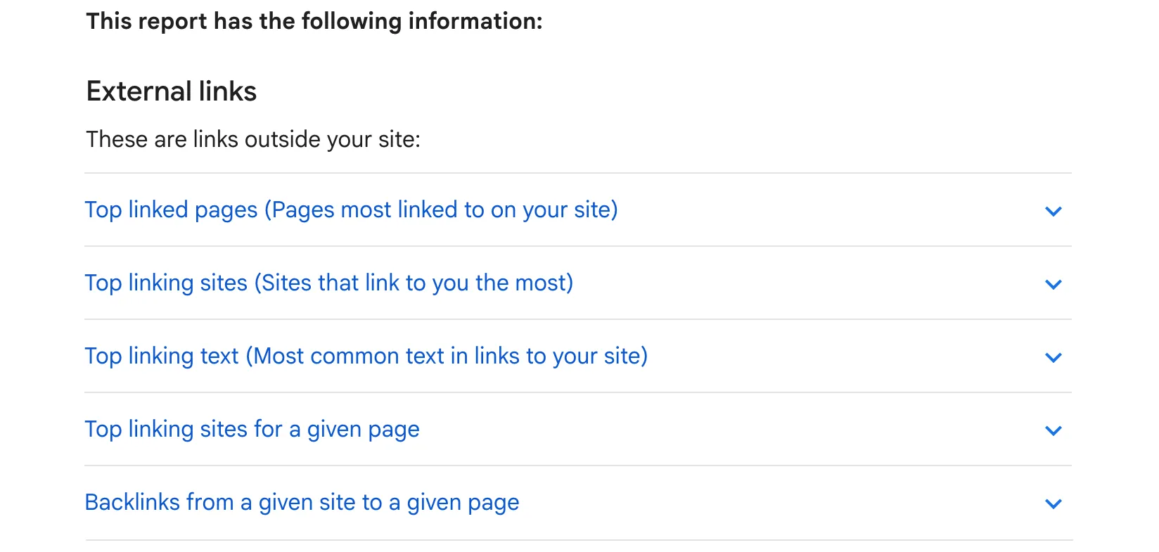 Google’s Search Console Help page on the Links report, listing the external links tables: top linked pages, top linking sites, top linking text, top linking sites for a given page and backlinks from a given site to a given page