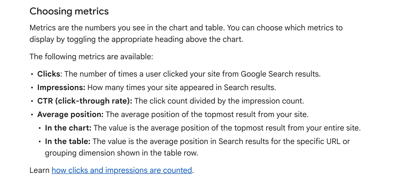 Google’s Search Console Help page on the Performance report, listing the four metrics: clicks, impressions, click-through rate and average position, each with a one-line definition