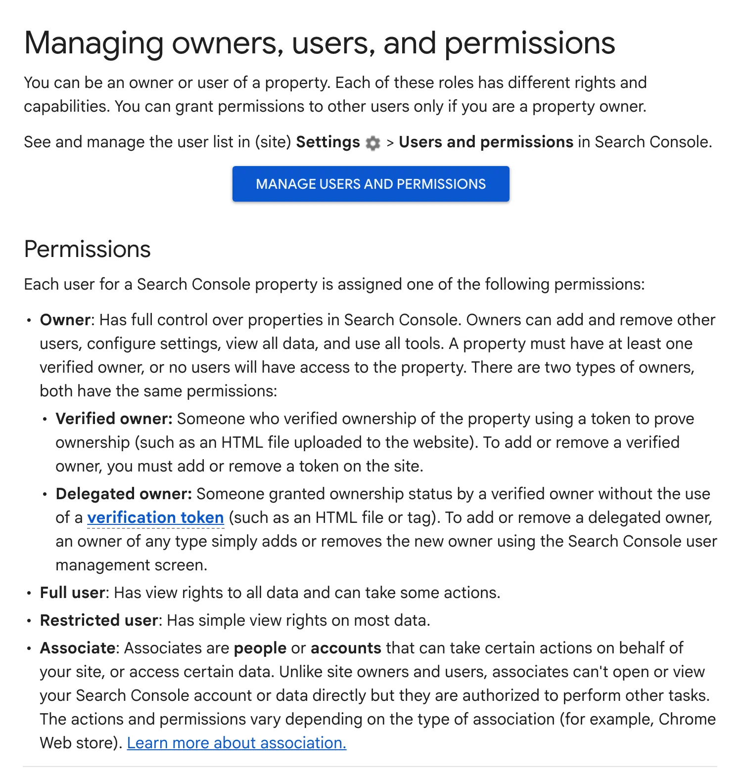 Google’s Search Console Help page on managing owners, users and permissions, showing the owner, full user, restricted user and associate roles
