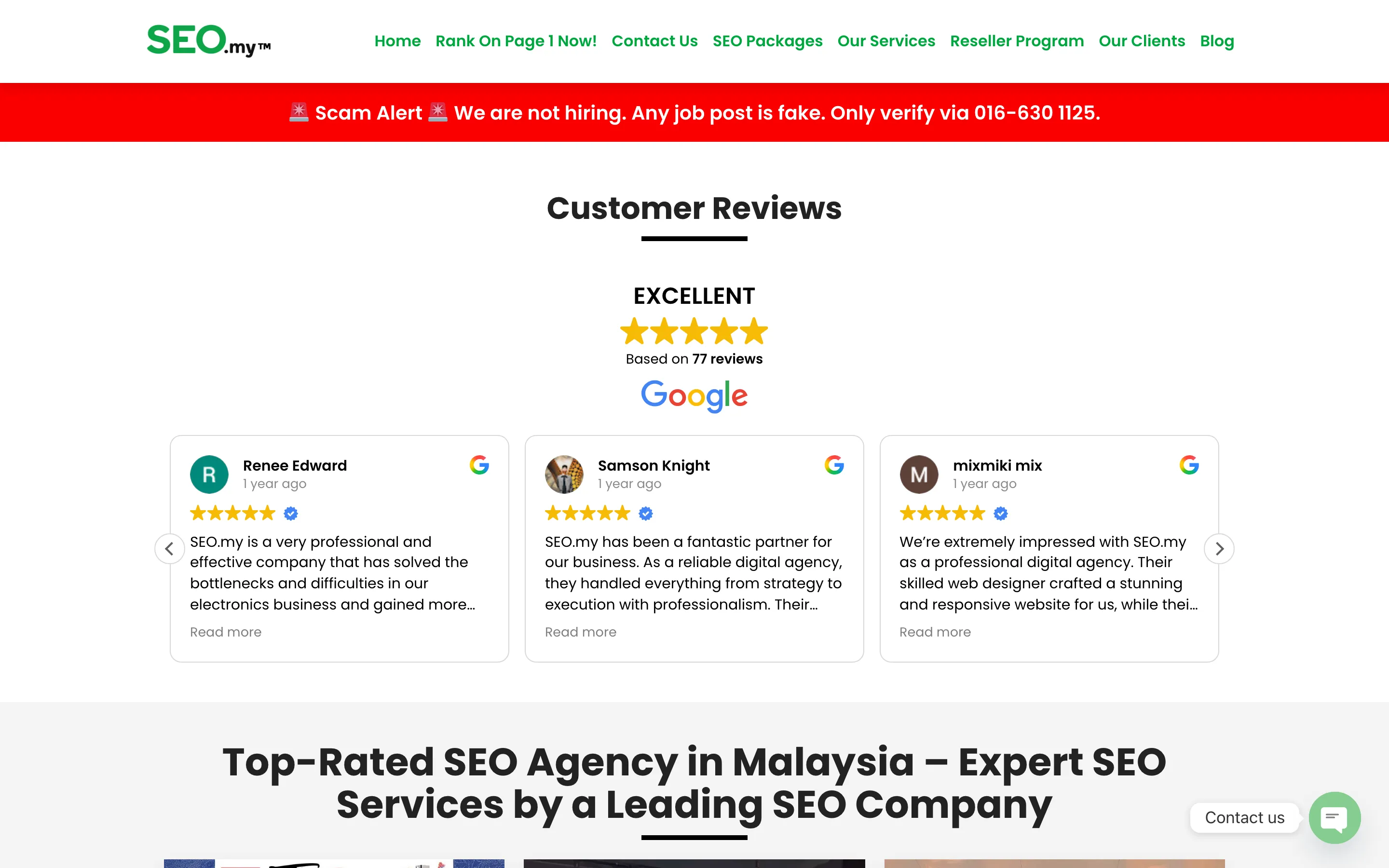 SEO.my’s home page, with a green menu, a red scam alert banner and a row of Google reviews under an Excellent rating