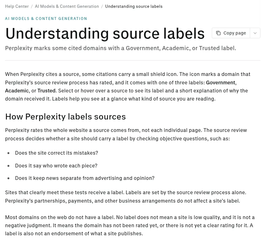 Perplexity’s help page on source labels, listing the three questions its source review asks before a site gets a Government, Academic or Trusted label