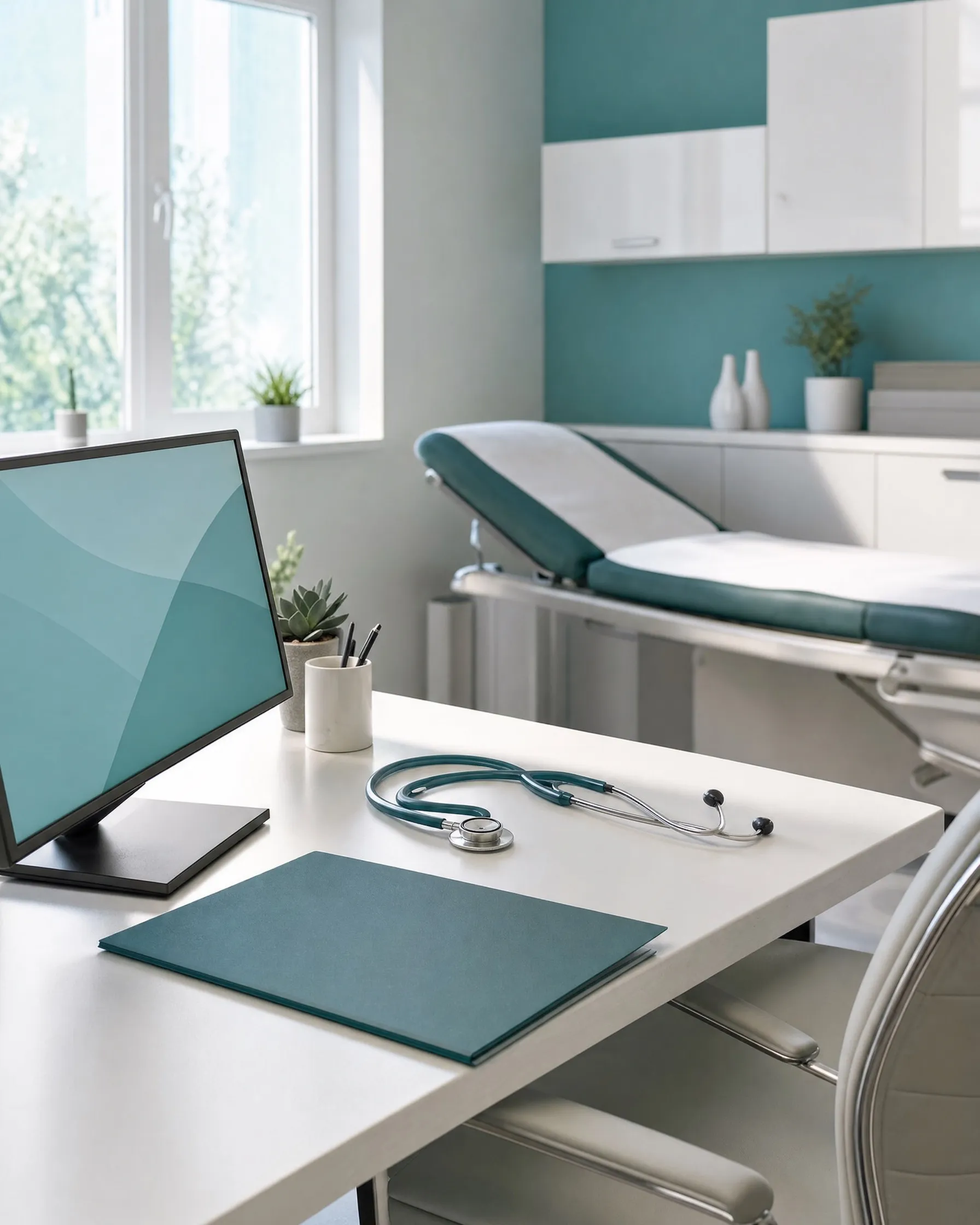 A clinic consultation room with a desk, a stethoscope and an examination couch in teal and white