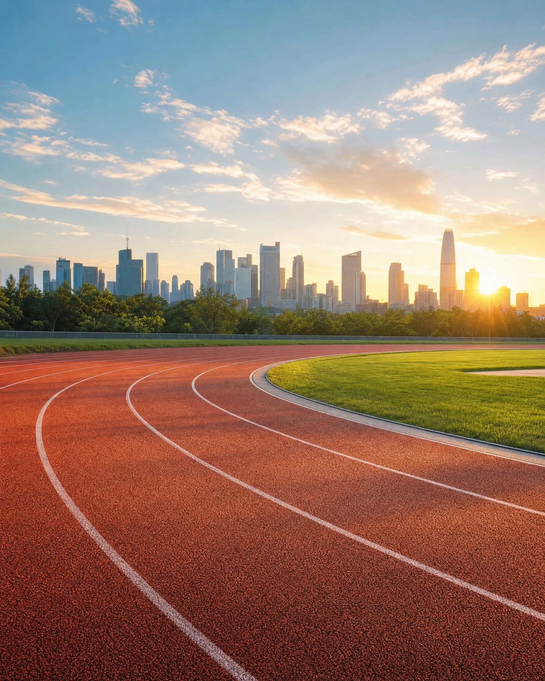 An empty running track at sunrise with a city skyline beyond