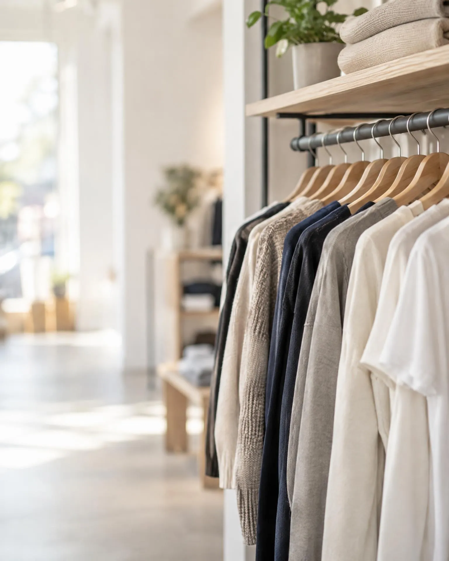 A clothing rail with neutral knitwear and tees on wooden hangers