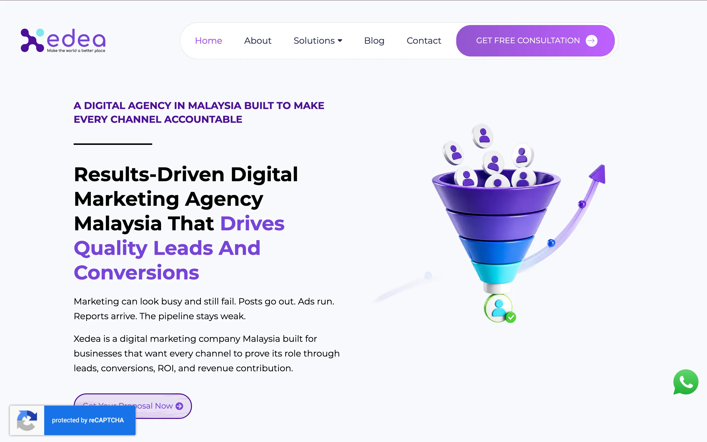 Xedea’s home page, with a headline about leads and conversions, a consultation button and a drawing of a funnel with people icons