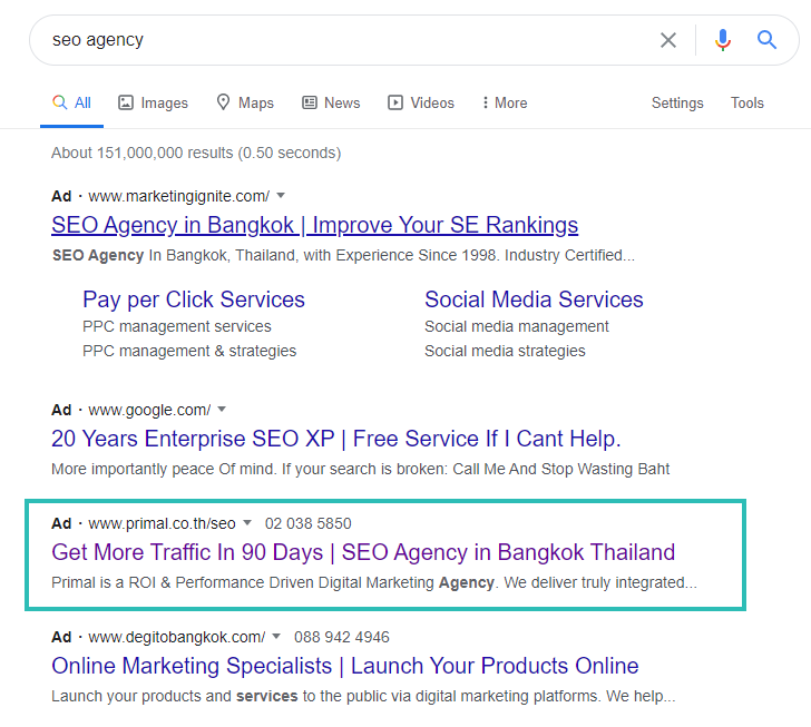 Paid search results are on top of a search result page