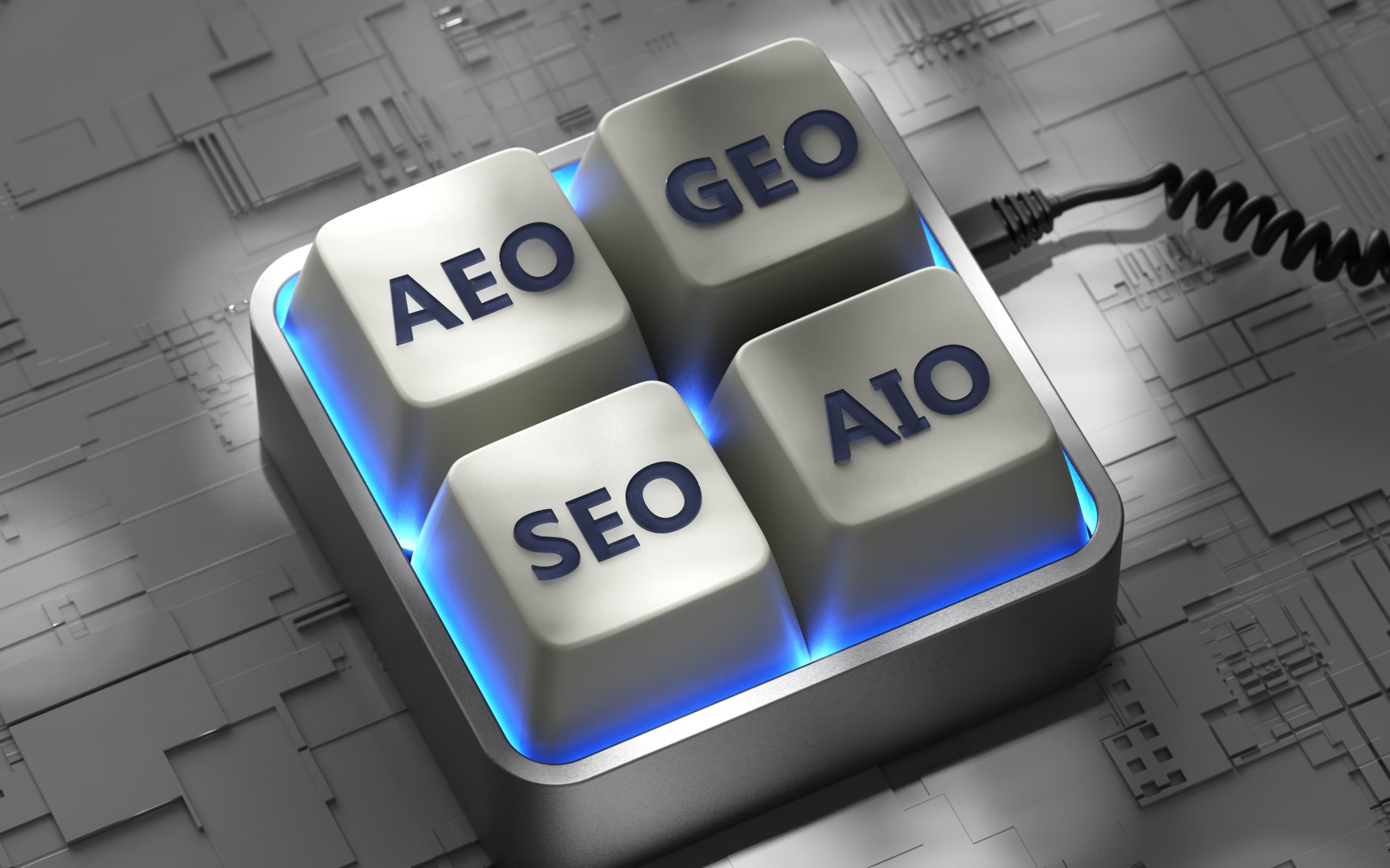 Concept image of SEO with AEO, GEO, and AIO — new models now appearing alongside SEO.